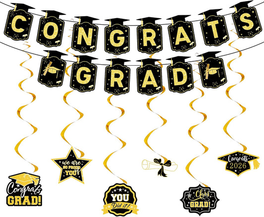 Graduation Decorations 2026, Black and Gold Congrats Grad Banner with 6PCS Graduations Hanging Swirl Decorations for Class of 2026 Grad Party BST326L