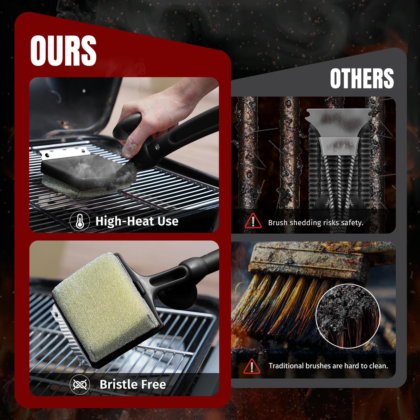 SHINESTAR Grill Brush for Outdoor Grill with 2 Replacement Heads - Cleaning BBQ Grill Brush and Scraper, Grill Brush Bristle Free with Non Metal Bristles, 3-Piece Set for Weber Traeger Grates WN420