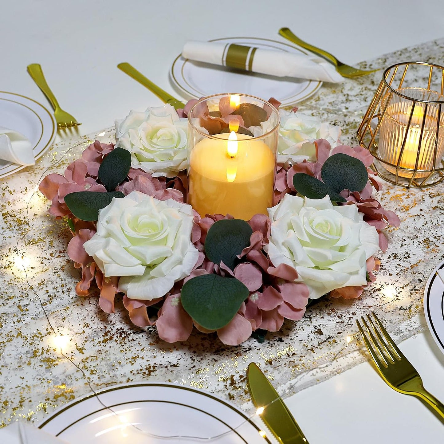 Artificial Flower Candle Rings - 6 Inch Inner Rose Floral Wreaths for Wedding Bridal Event Table Centerpieces Backdrop Decorations (Dusty Pink & White, 6 X Candle Rings) WN420