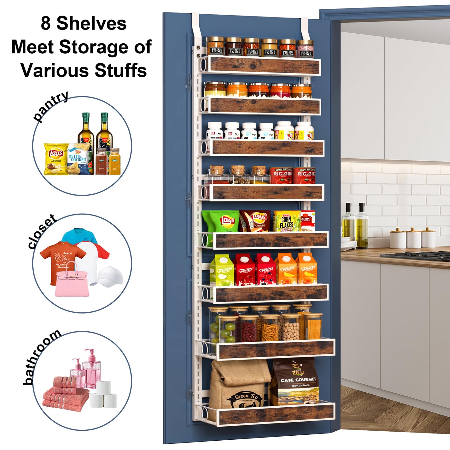 8 Tier Over The Door Pantry Orangizer 2 IN 1 Wall Mounted or Hanging Spice Rack with Adjustable Wood Basket,Heavy Duty Seasoning Storage Shelf for Kitchen Pantry and Bathroom BST220