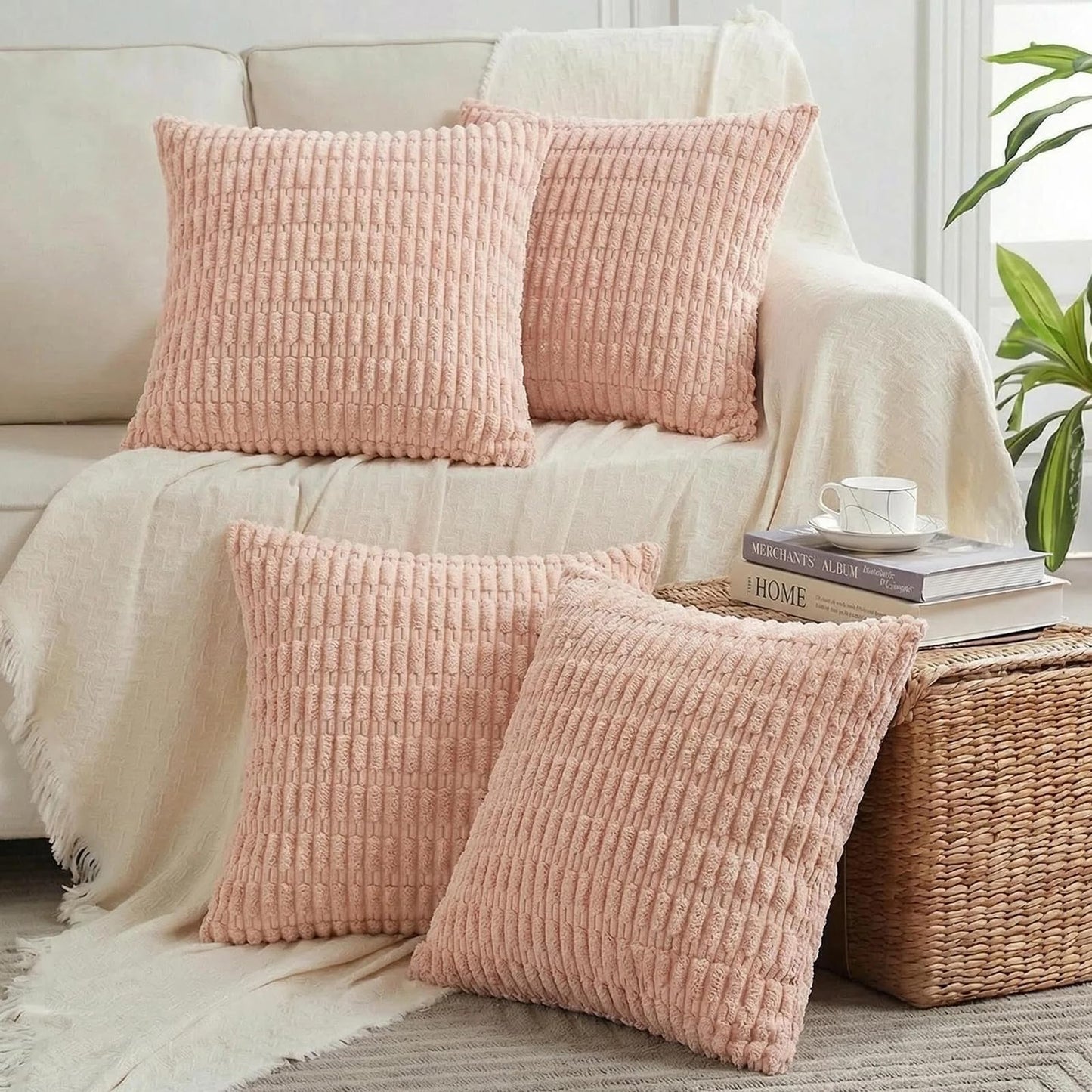 Fancy Homi 4 Packs Decorative Throw Pillow Covers for Living Room Couch Bed, Modern Farmhouse Boho Home Décor Accent Cushion Case, 26" x 26", Peach BST220