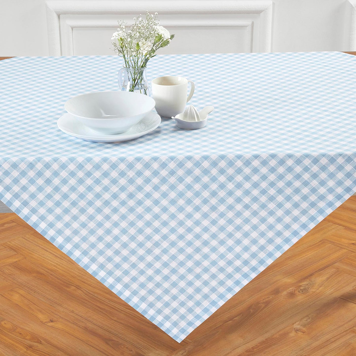 Solino Home 100% Linen Table Cloth, Throw Apricot, Gingham Check 52 x 52 in | Checkered Linen Tablecloth a neat topper for bistro, card and side tables | checkered weave | Pure Linen | OEKO-TEX Certified BST326SOLH