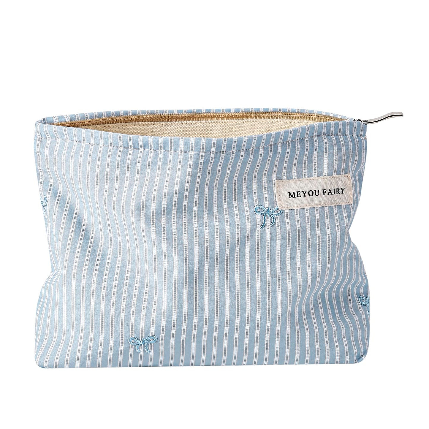 RSRSLEII Striped Makeup Bag for Women, White Cosmetic Bag with Bow, Travel Toiletry Cosmetic Bag with Zipper, Cute Women Aesthetic Organizer Storage Pouch, Girls Handbags Purses (06 White Stripe Bow) BST220