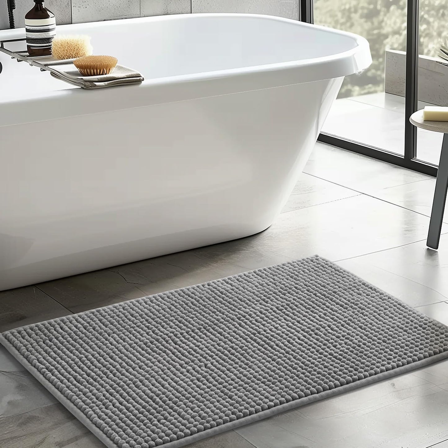 FRESHMINT Thick Chunky Chenille Bathroom Rug, Black, 20"x32" | Non-Slip Backing, Water Absorbent Surface, Machine Washable Care, Cushioned Comfort, Bathroom Floor Use BST220
