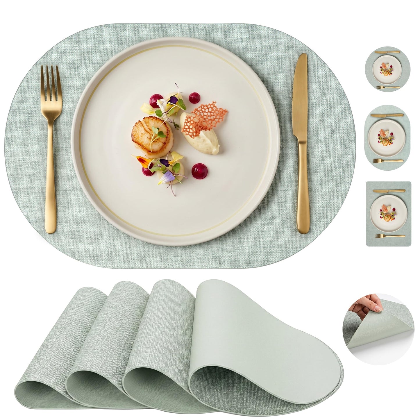 Faux Leather Placemats Set of 6, Wipeable Waterproof Stain Resistant Table Mats, Heat Resistant Thick Placemats with Hand-Painted Edges for Kitchen Dining, Imitative Linen Texture, Various Shapes BST326H
