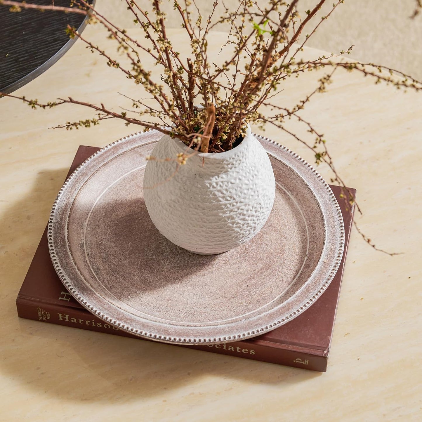 Farmhouse Rustic Coffee Table Tray for Home Decor, Round Wooden Powder Compressed Decorative Tray, Wood Beaded Edges Trays for Living Room, Bathroom, Kitchen Counter- 11.8" Brown and Whitewashed Trays BST326H