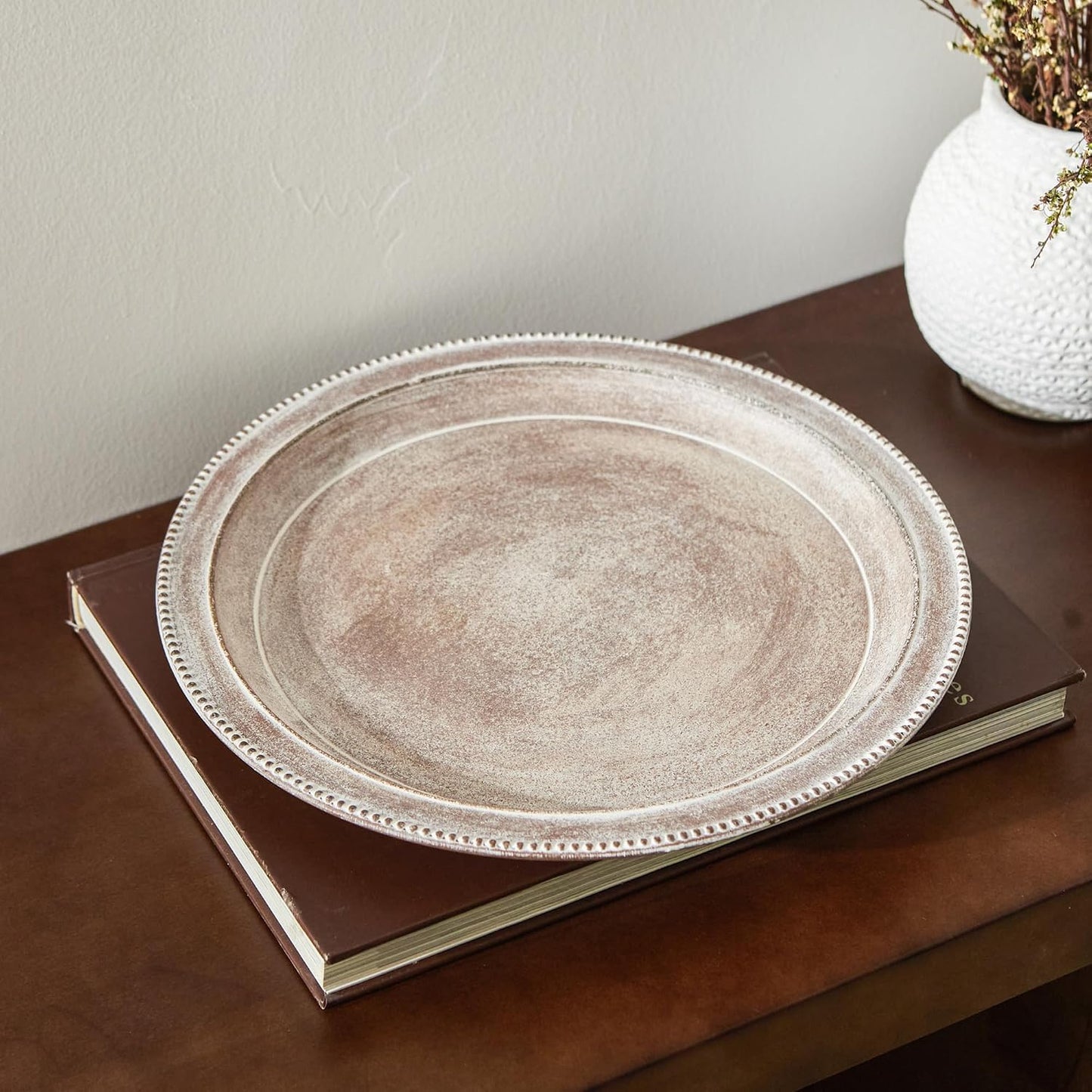 Farmhouse Rustic Coffee Table Tray for Home Decor, Round Wooden Powder Compressed Decorative Tray, Wood Beaded Edges Trays for Living Room, Bathroom, Kitchen Counter- 11.8" Brown and Whitewashed Trays BST326H