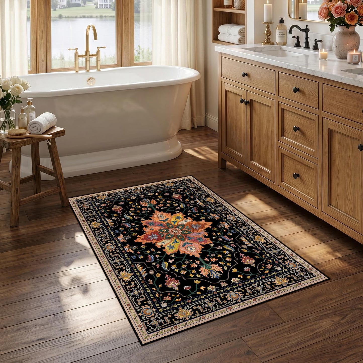 RELEANY Area Rugs Runner 2'x6' Washable Non-Slip, Floral Vintage Distress Medallion Carpet for Kitchen Hallway Bedroom Beside Laundry Room Bathroom, Teal Green Lake Blue Turquoise DD1210