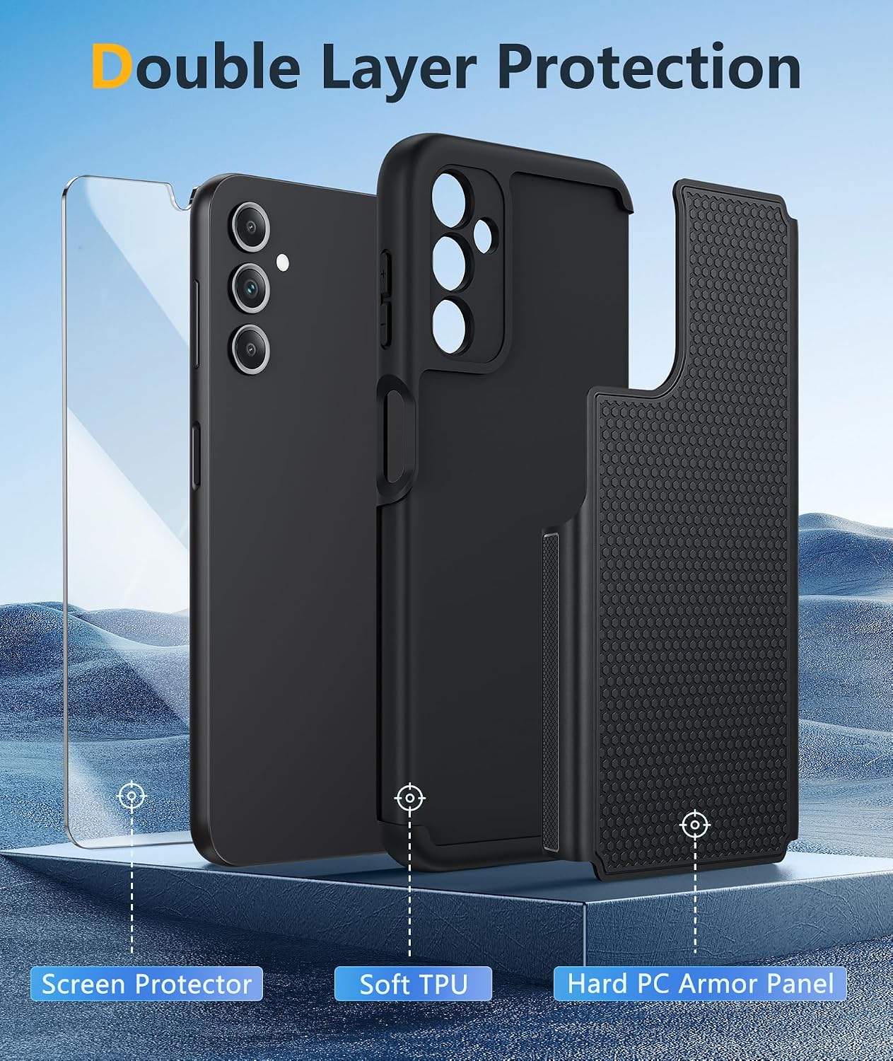 FNTCASE for Galaxy A14-5G Phone Case: Samsung A14 5G Military Grade Drop Protection, 14ft Drop Tested, Screen Protector Included, Anti-Slip Matte Textured, TPU+PC Dual Layer Shockproof Cover (Black) WN420