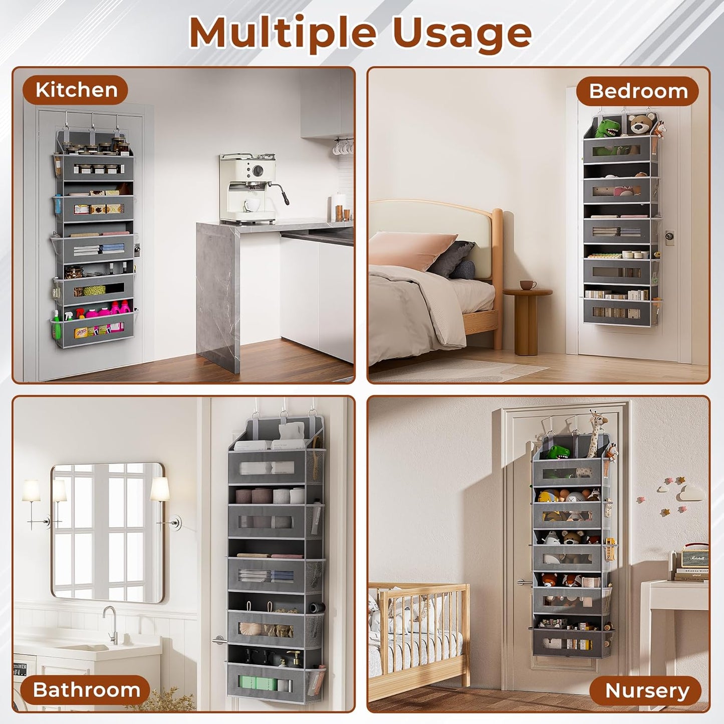 5 Tier Over The Door Organizer - Large Capacity Behind Door Hanging Shelves with 10 Mesh Pockets and Clear Windows, Closet Organizers and Storage for Bathroom, Bedroom, Nursery, Grey BST326H