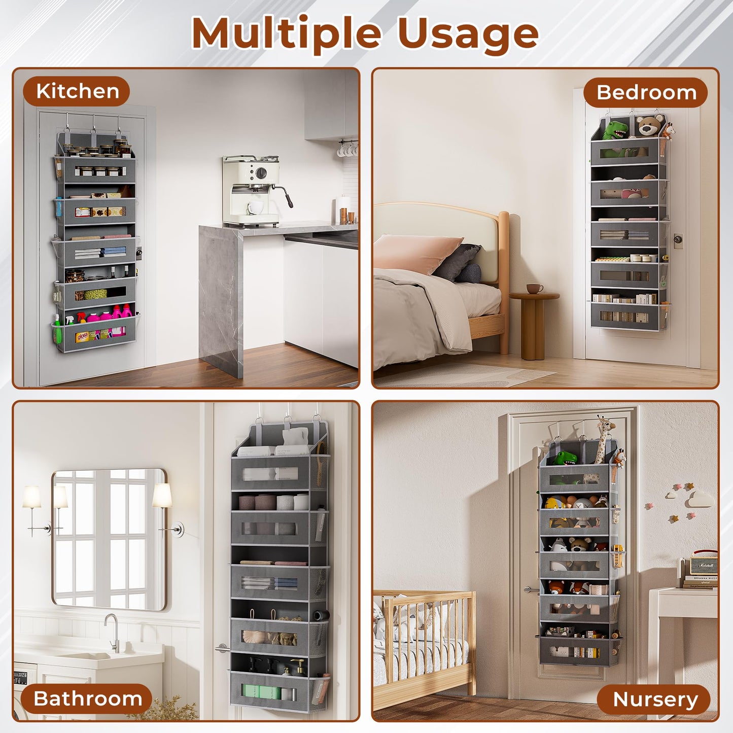 5 Tier Over The Door Organizer - Large Capacity Behind Door Hanging Shelves with 10 Mesh Pockets and Clear Windows, Closet Organizers and Storage for Bathroom, Bedroom, Nursery, Grey BST326H