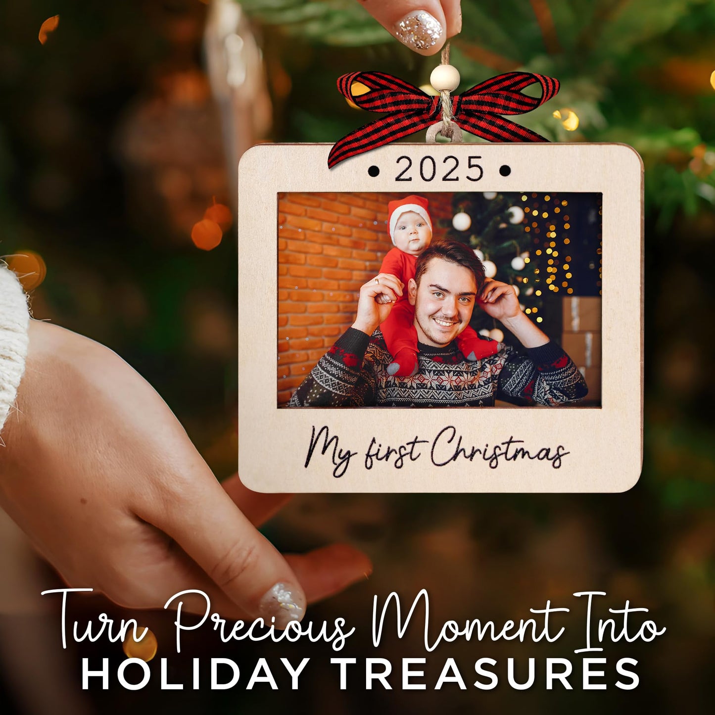Hangwoous Baby's First Christmas Photo Frame Ornament 2025 | Wooden portrait frame keepsake, first Christmas photo gift for baby BST202