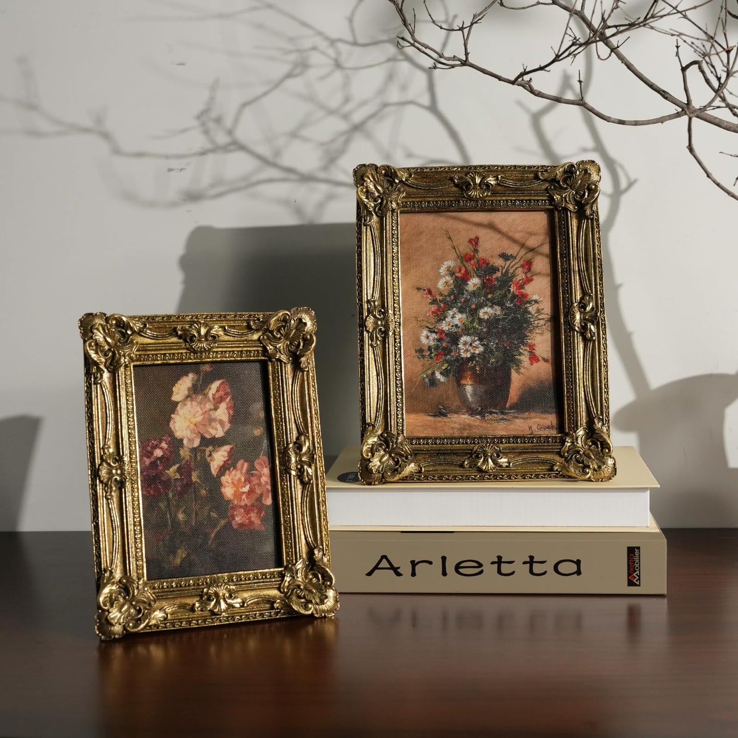 5x7 Wedding Picture Frame Gold,2 Pack Small Frame for Gallery Decor | Durable Resin Material,Tabletop & Wall Display,Real Glass,Rose Floral Design,Antique Brass Finish,Wedding Arrangement Decor BST326H
