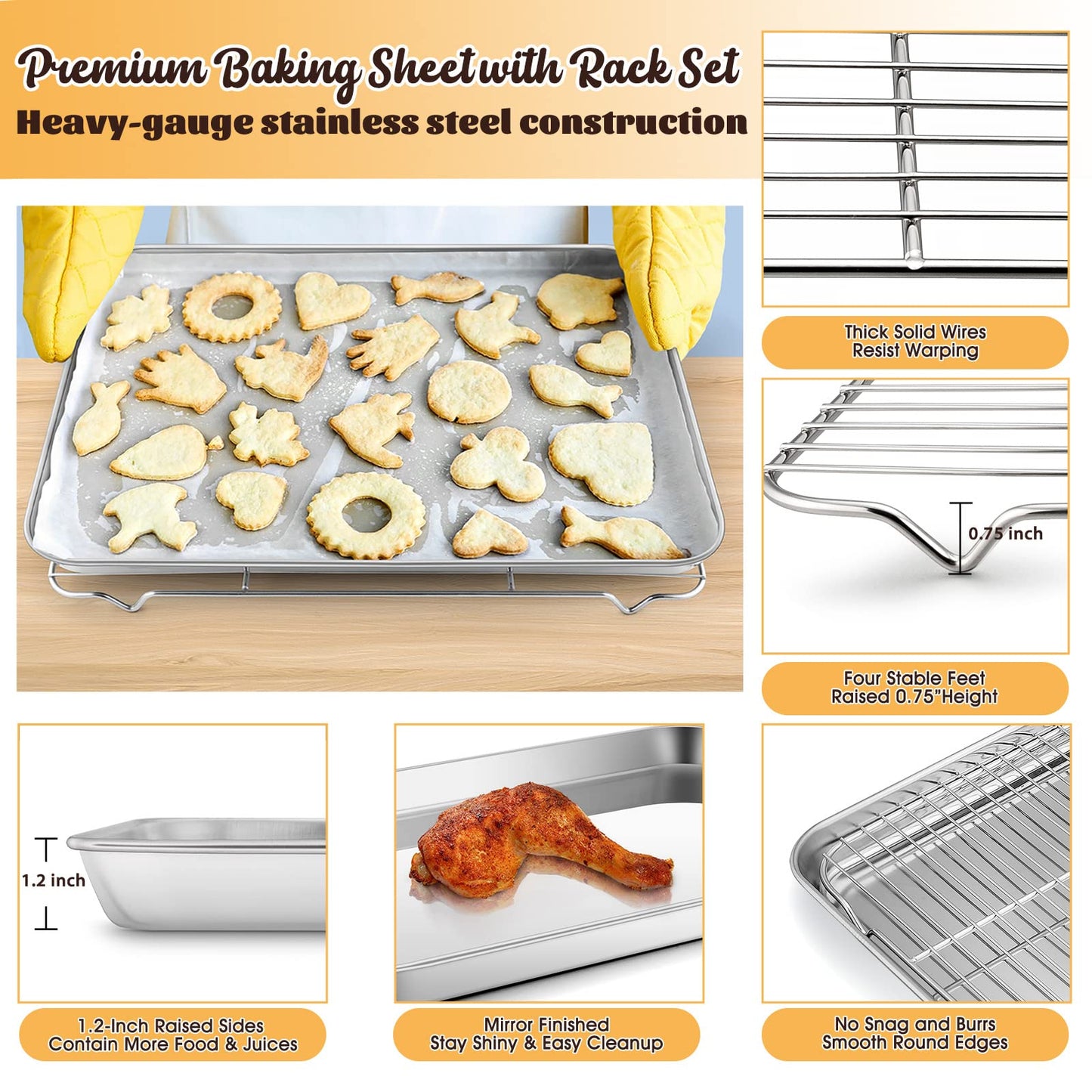 E-far Cookie Sheet with Rack Set, Half Sheet Baking Pan for Oven Cooking, 18”x13” Stainless Steel Rimmed Tray with Wire Cooling Rack for Roasting Broiling Bacon Meat Steak - Dishwasher Safe BST220