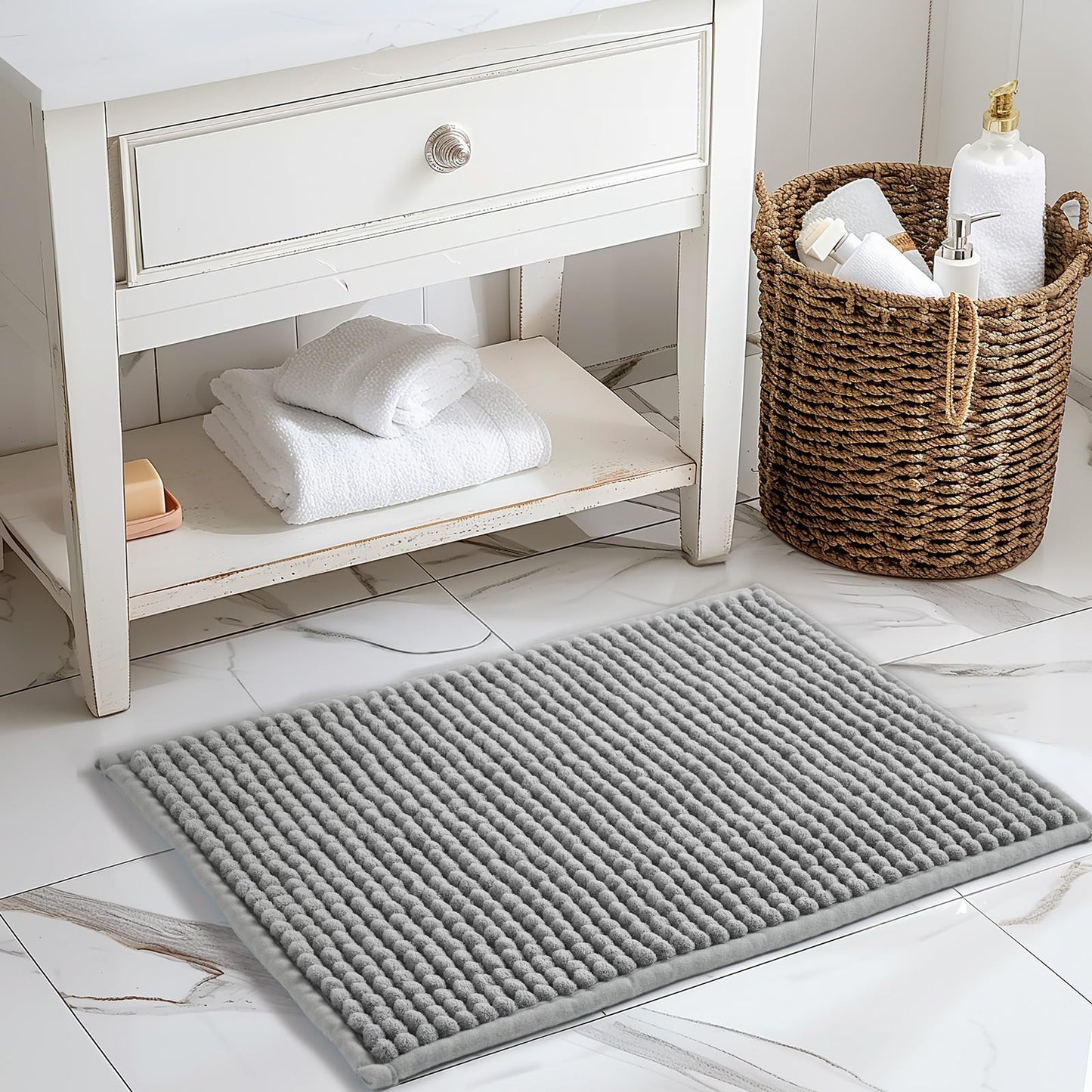 FRESHMINT Thick Chunky Chenille Bathroom Rug, Black, 20"x32" | Non-Slip Backing, Water Absorbent Surface, Machine Washable Care, Cushioned Comfort, Bathroom Floor Use BST220