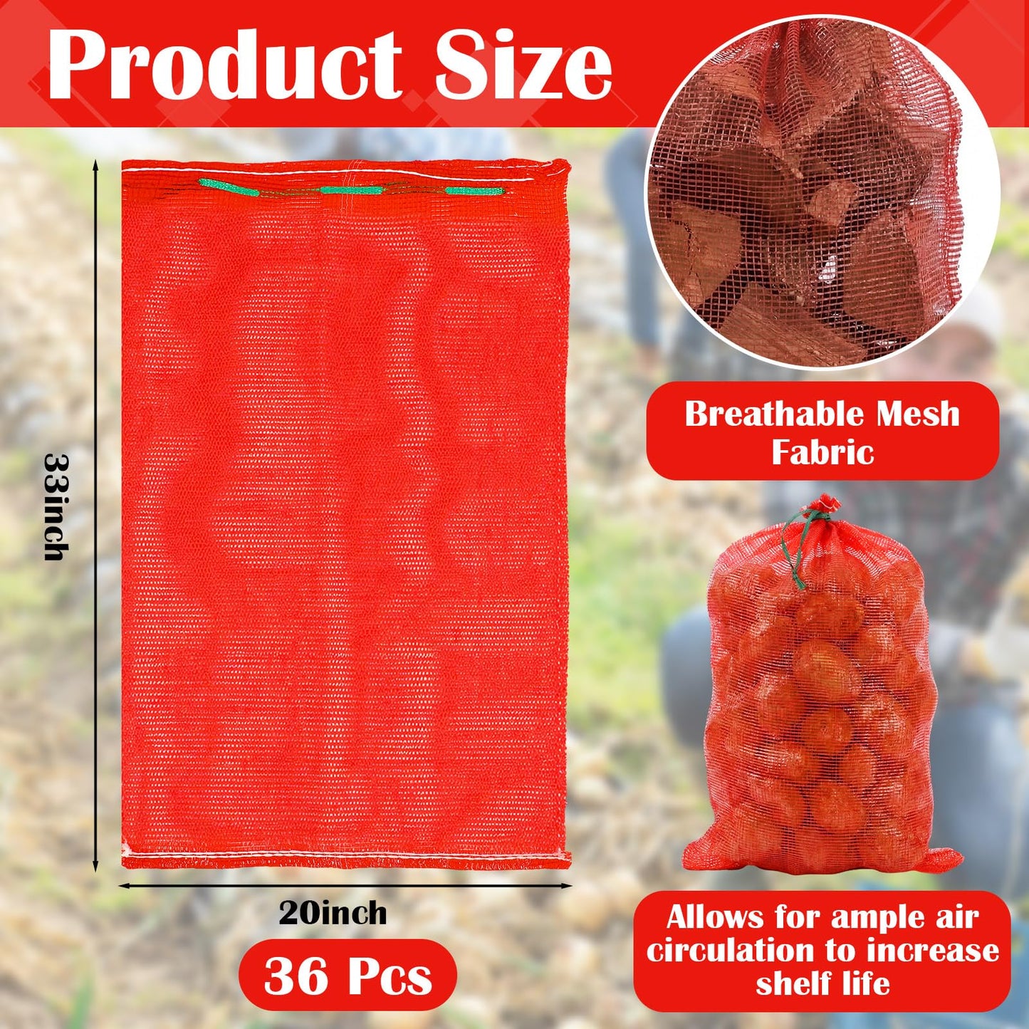 Shinylin 36 Pcs 33" x 20" Mesh Onion Bags Reusable Drawstring Fresh Produce Storage Bags Breathable Vegetable Storage Bag Reusable with Drawstring for Onion Potato Crawfish BST326H