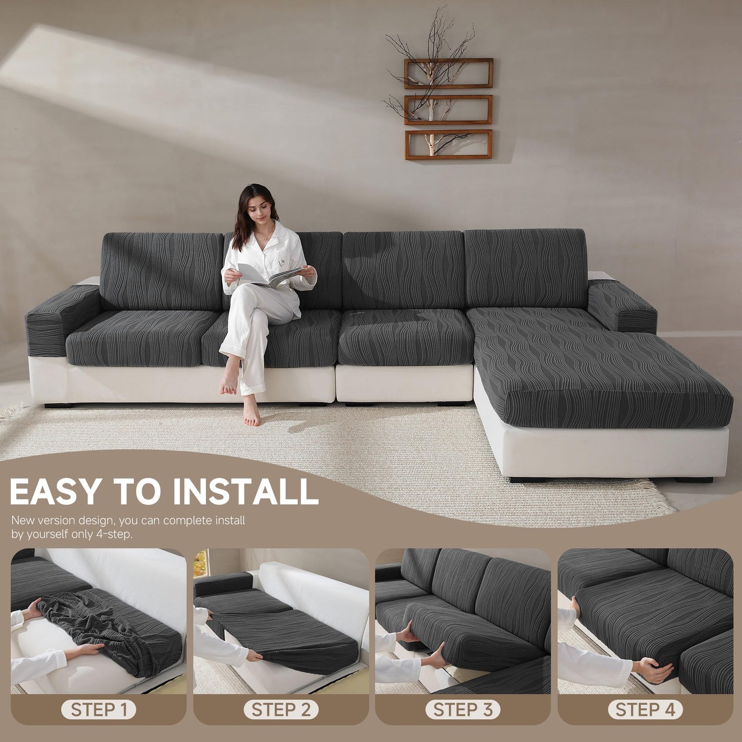 QIANMEW Couch Cushion Covers, Super Stretch Washable Sofa Slipcovers for L Shaped & Modular Seats, Pet-Friendly Furniture Protector with Stripe Design, (2 Seat Covers S, Dark Gray) BST326H