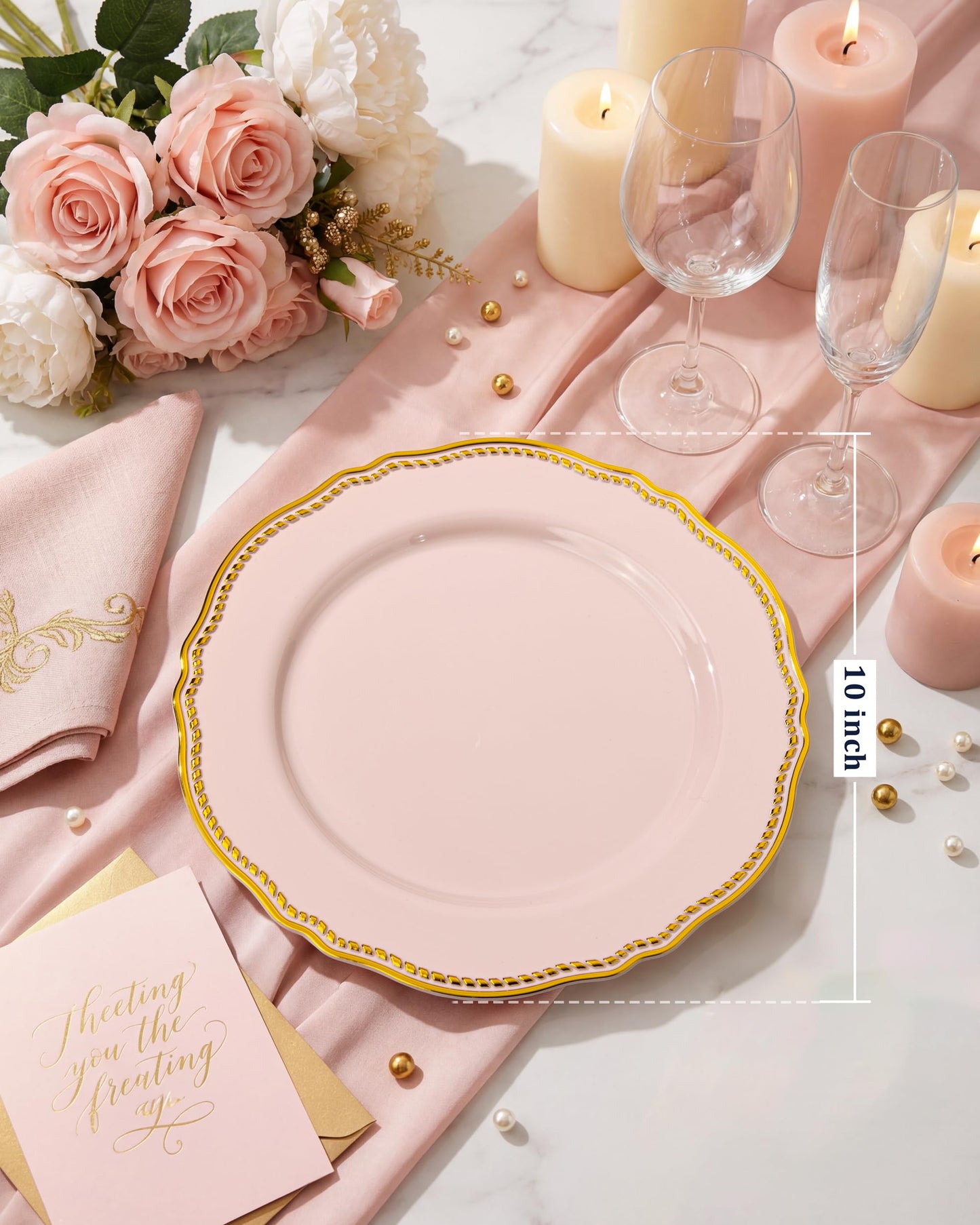 Hioasis 60pcs Pink Plastic Plates - Pink and Gold Disposable Dinnerware with Gold Rim N26