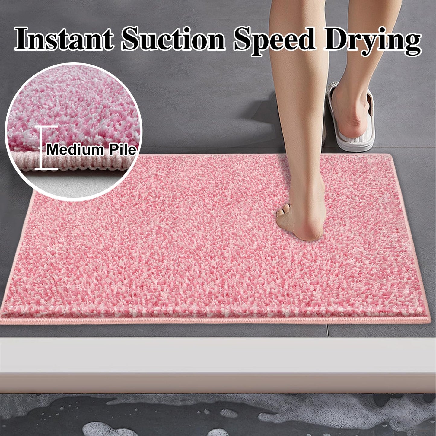 HDFK Bathroom Rugs | Non Slip Washable Bath Mats 24x16 Inches 2 Tone Soft Chenille Medium Pile TPR Floor Mat | High Absorbency Quick Dry Grey and White | Shower Rug for Wet Dry Zone BST220