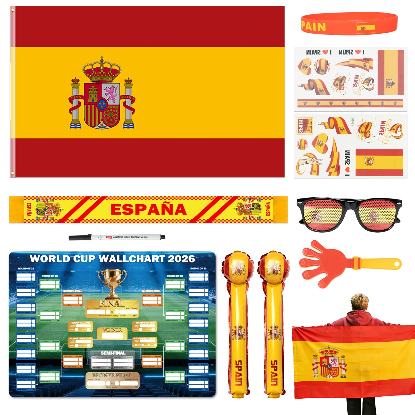 World Cup 2026 Fan Accessories with Large 3x5 ft Flag, Match Tracker Poster, Stickers, Cheering Sticks, Clapper & Scarf, World Cup Decorations Fan kit for Soccer Watch Party, Stadium and Home Cheering BST202