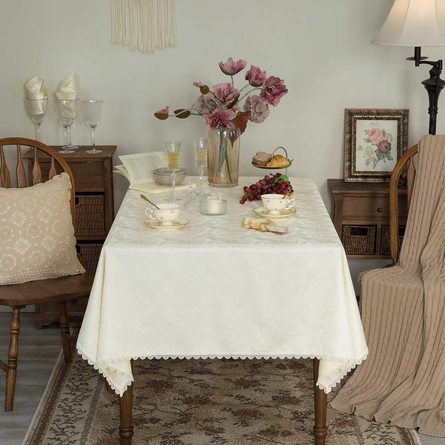 GLORY SEASON Textured Rectangle/Oblong Tablecloth Jacquard Fabric Solid Beige Table Cover for Kitchen Dining Farmhouse Decor 55x70 Inch BST202