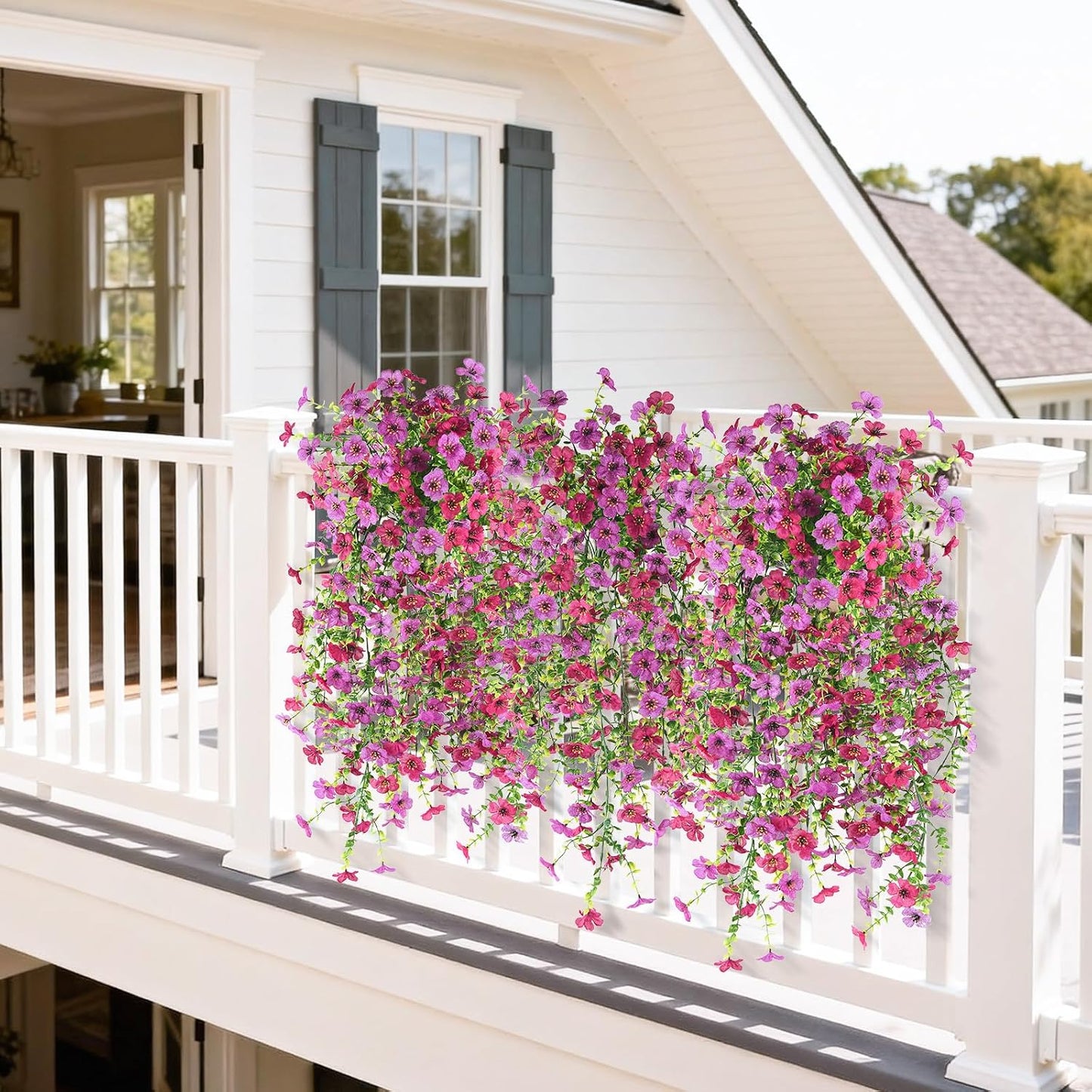 Artificial Hanging Flowers for Outdoor, 2PCS Fake Flowers Faux Silk Daisy with Eucalyptus Leaves, UV Resistant Aritificial Flowers for Spring Home Patio Yard Porch Decor (Light Purple Red) BST202