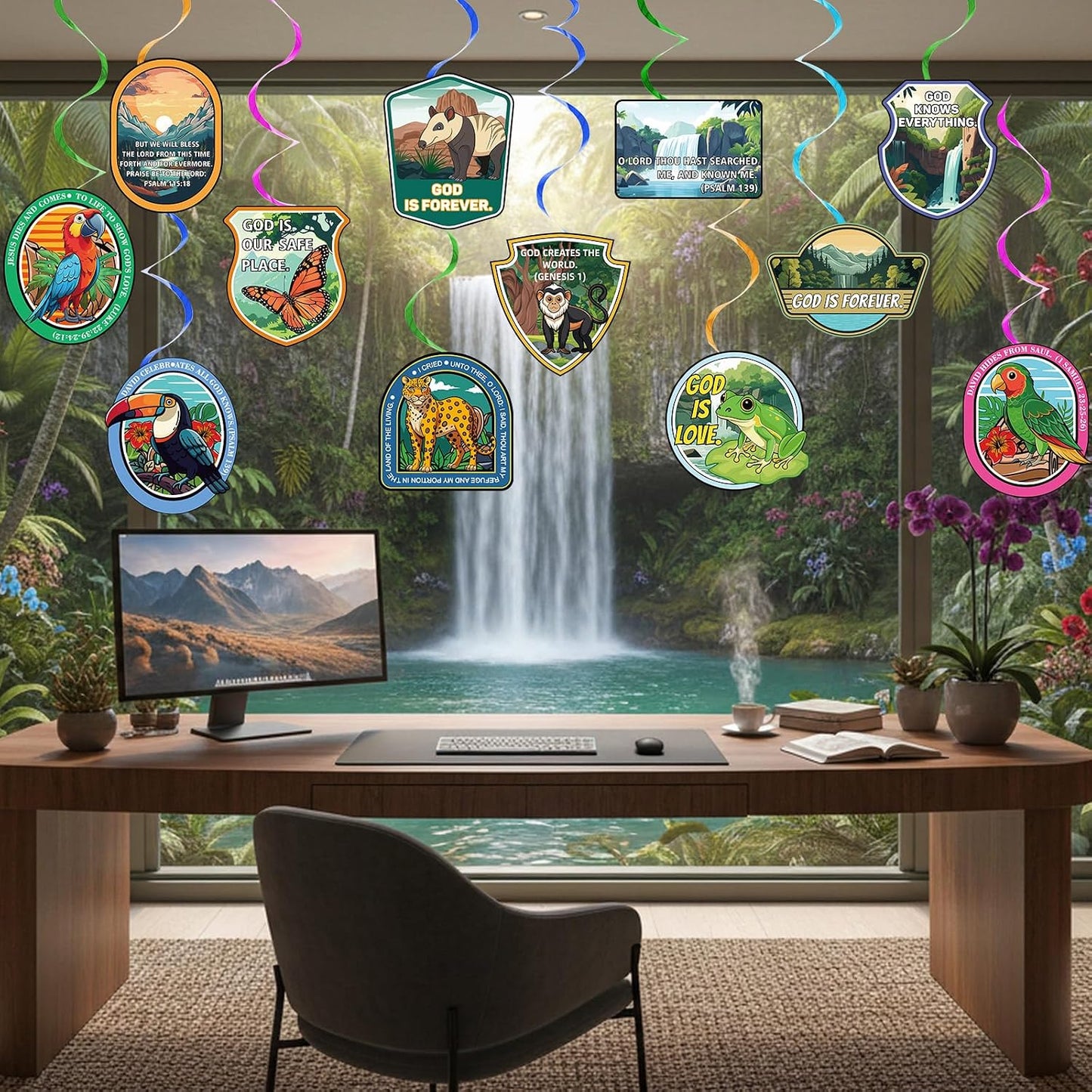 60 Pcs Vacation Bible School 2026 Party Decorations Rainforest Falls Hanging Swirl Vacation Bible School Rainforest Animal Ceiling Streamers Christian Verse Hanging Decor for Religious Classroom Decor BST202