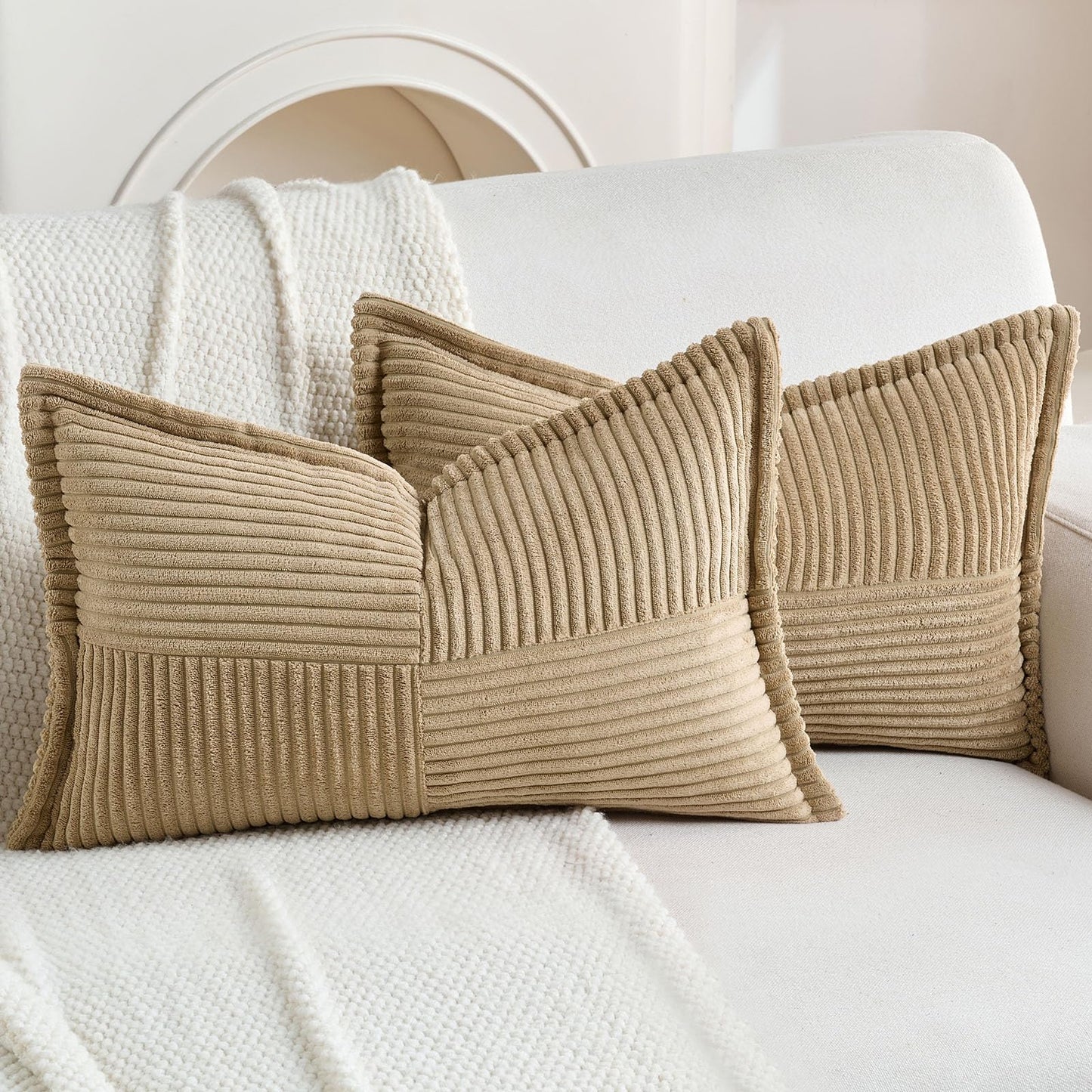 HAUSSY Pack of 2 Corduroy Throw Pillow Covers26x26 Inch, Rust | Decorative Striped Soft Boho Farmhouse Pillowcases, Machine Washable, Couch Bed Sofa Living Room Home Decor, No Insert BST202