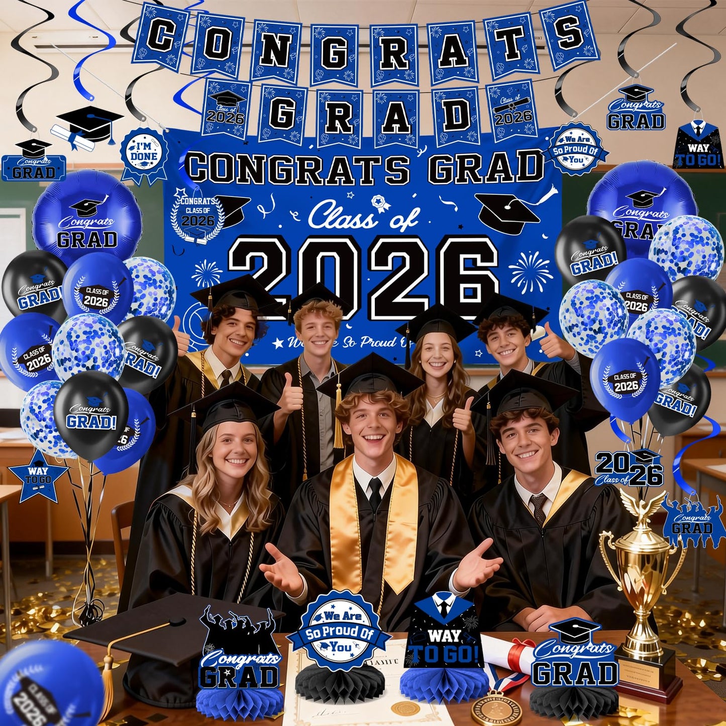 Graduation Decorations 2026-Black and Gold Graduation Party Decorations Supplies Class of 2026 with Graduation Banner, Backdrop, Balloons, Centerpieces, Hanging Swirl for Grad Party BST326H