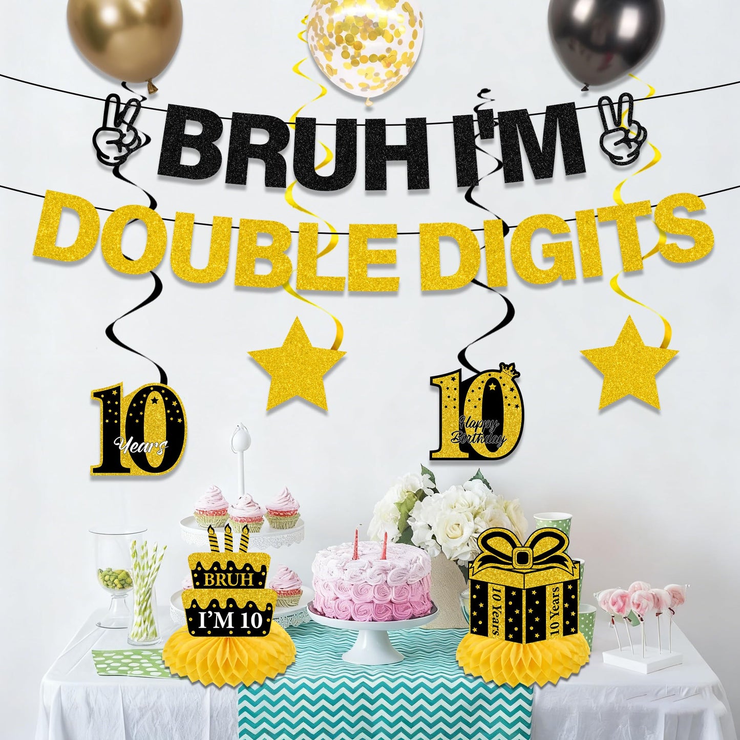 10th Birthday Decorations Banner Boys - 11 Pcs Silver Black Bruh I'M Double Digits Banners Hanging Swirls Honeycomb Table Decoration Latex Balloons For Boy 10 Year Old Bday Party Supplies BST220