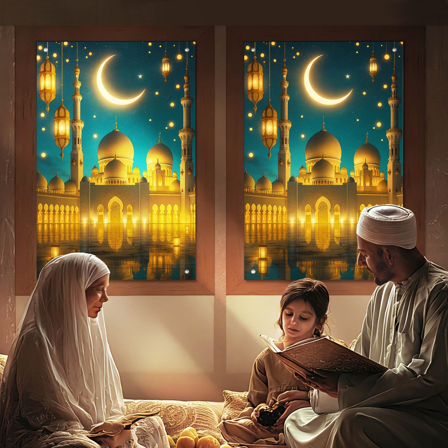 HOMETITUTE Eid Ramadan Window Banner Holiday Curtain Backdrop 31x47 Fabric | Mubarak Cover Festival Screen Windows Banner Hanging Living Room Bedroom Home Crescent Moon Star Pattern Design BST326H