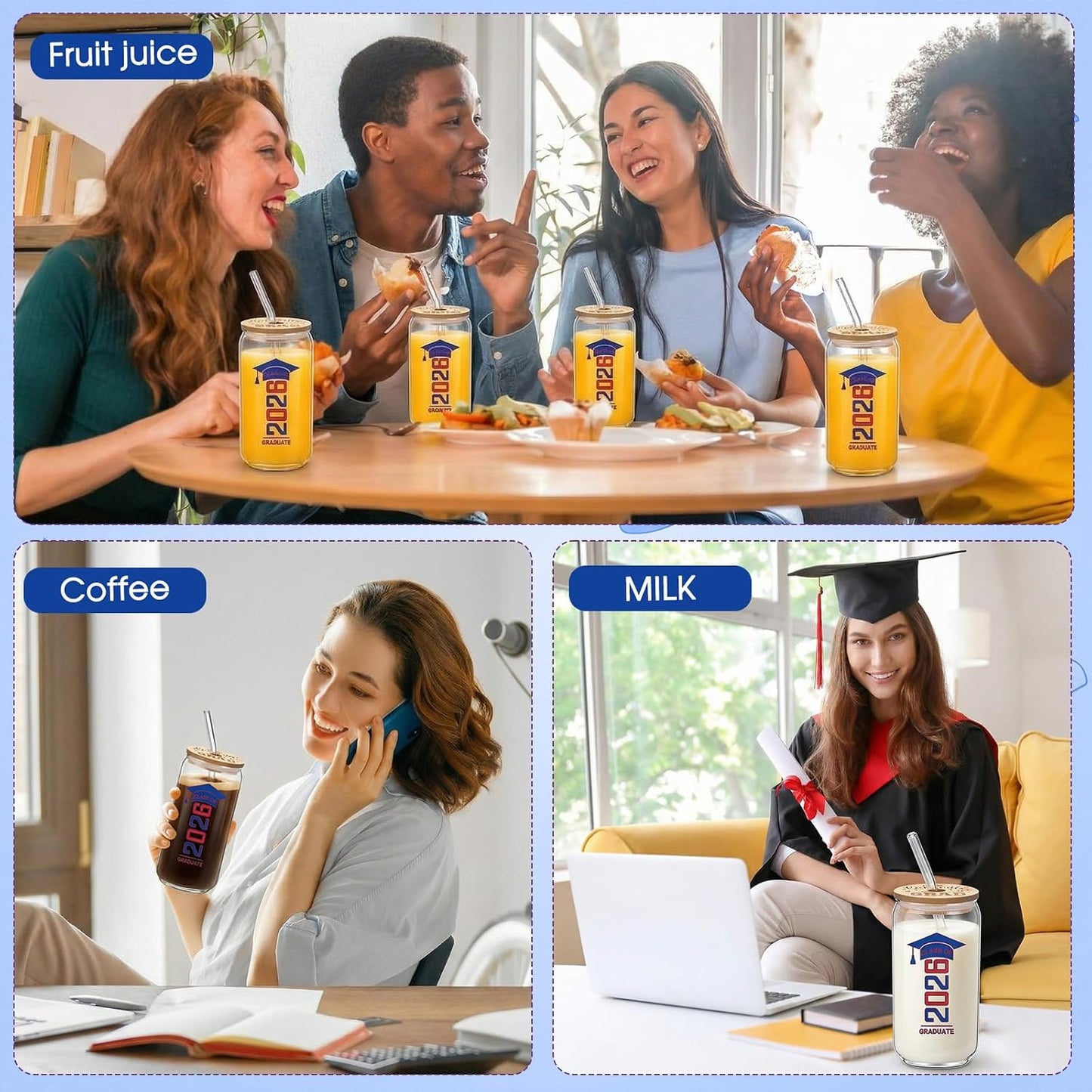6 Pcs Red and Blue Class of 2026 Graduation Gifts Graduation Glass Cup with Lids Straw 16oz Congrats Grad Coffee Mugs for Her Him Men Women Middle & High School College Tumbler Party Favor BST326H