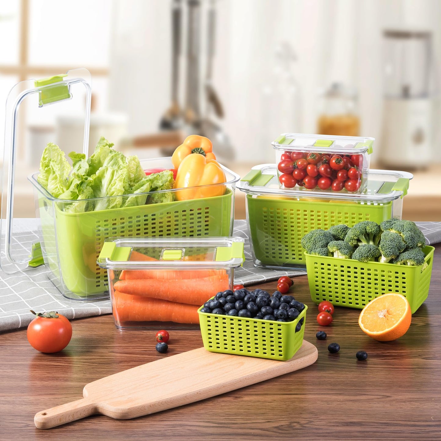 LUXEAR 4 Pack Fruit Vegetable Containers for Fridge, Produce Saver Container with Lids &Removable Colander BPA-free Refrigerator Storage Organizer for Fruit Vegetable, Berry, Meat keep Fresh Longer DD1210