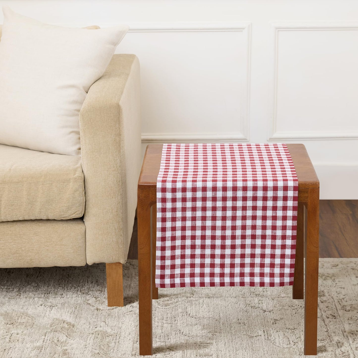 Solino Home 100% Pure Linen Table Runner Apricot, Gingham Check 14 x 36 in | Table Runners for nightstands, end tables, coffee tables and dressers | checkered weave, mitered corners | OEKO-TEX Certified BST326SOLH