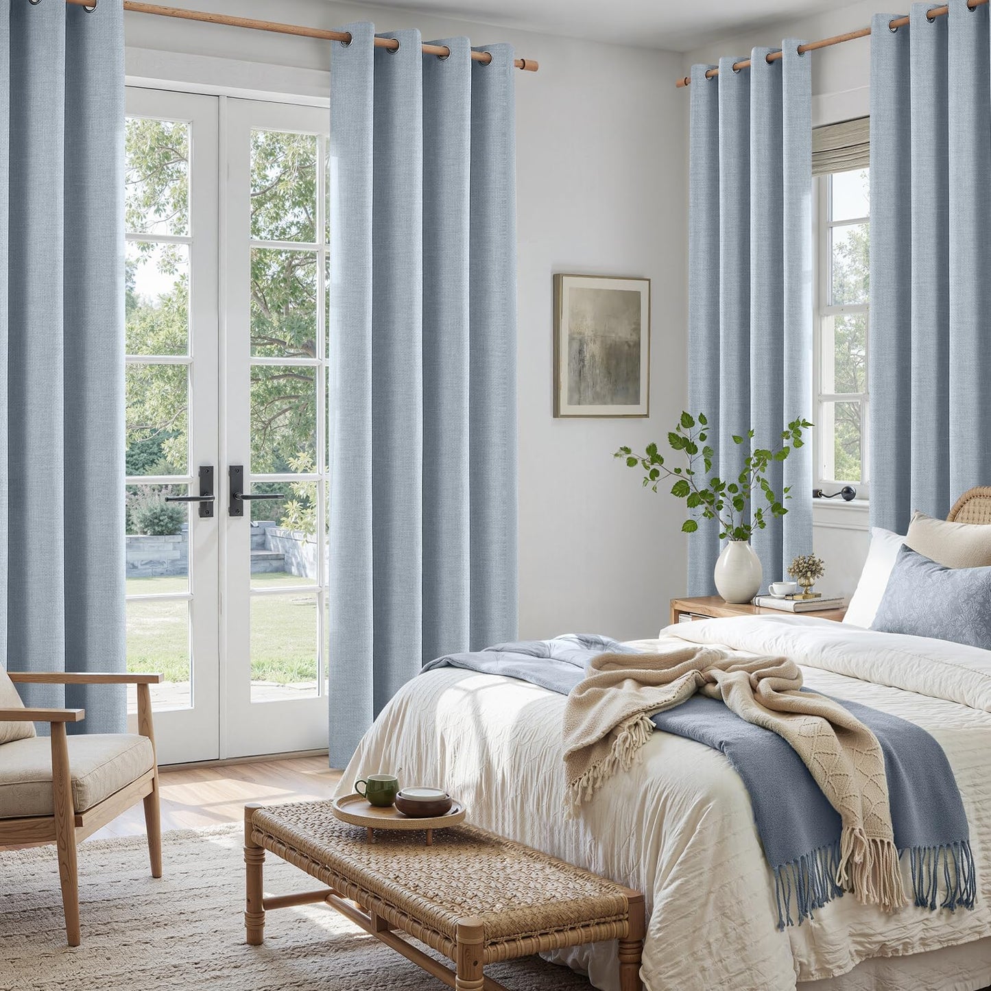 HOMEIDEAS 100% Ivory Cream Linen Blackout Curtains for Bedroom, 52 x 96 Inch Length 2 Panels Faux Linen Thermal Insulated Black Out Grommet Window Drapes for Living Room BST202