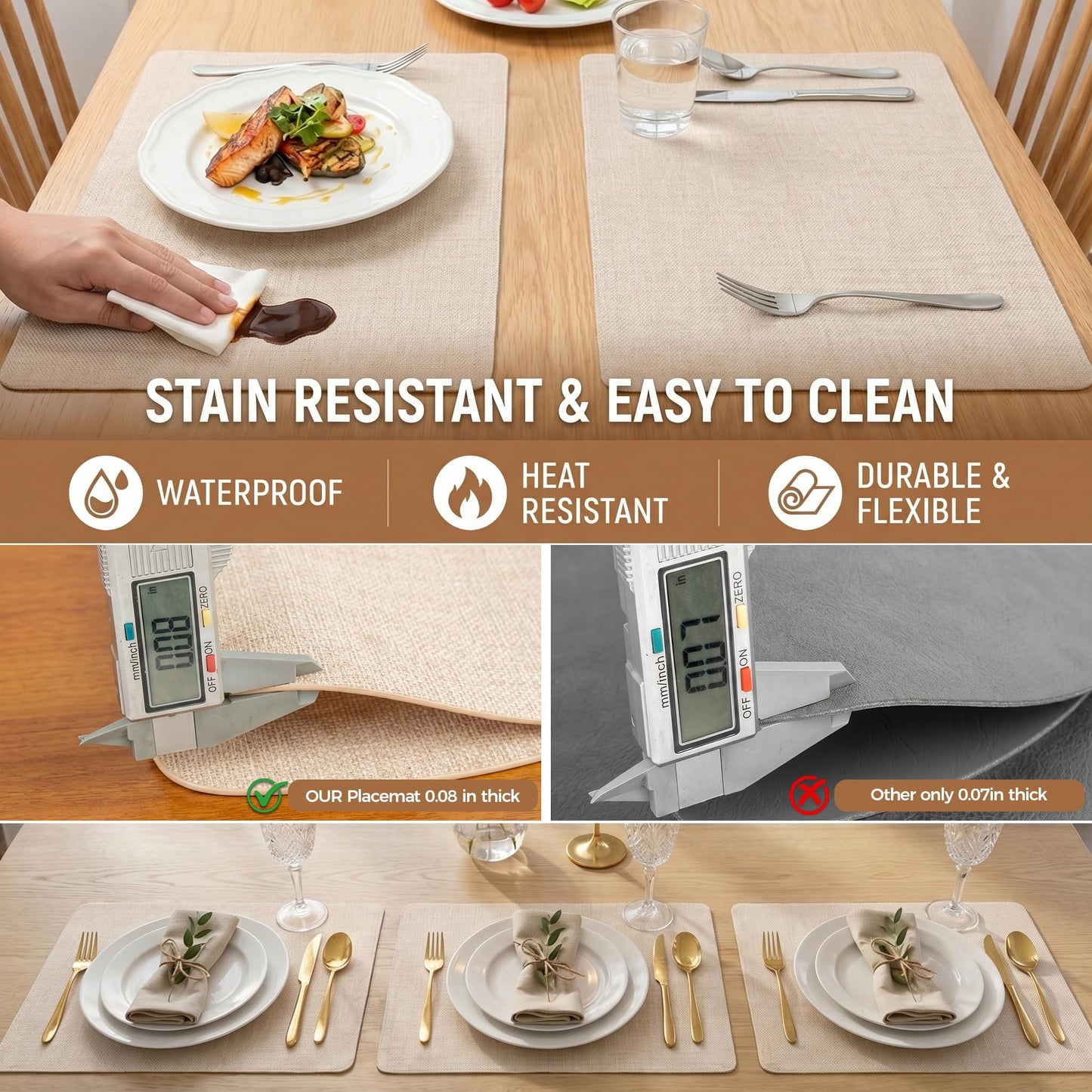 Faux Leather Placemats Set of 6, Wipeable Waterproof Stain Resistant Table Mats, Heat Resistant Thick Placemats with Hand-Painted Edges for Kitchen Dining, Imitative Linen Texture, Various Shapes BST326H