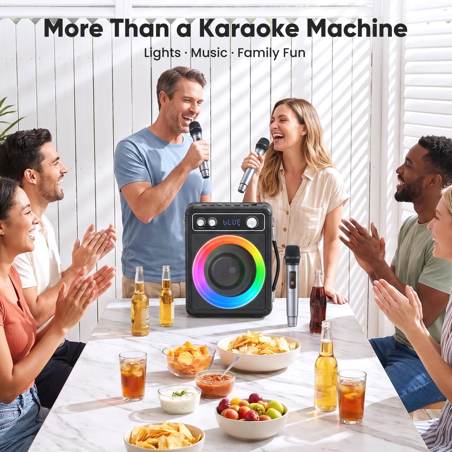 VOSOCO Karaoke Machine with 2 Wireless Microphones, Portable Bluetooth Speaker for Adults Kids, PA Systems Support TWS Echo Adjust TF USB AUX for Home Party Outdoor Travel