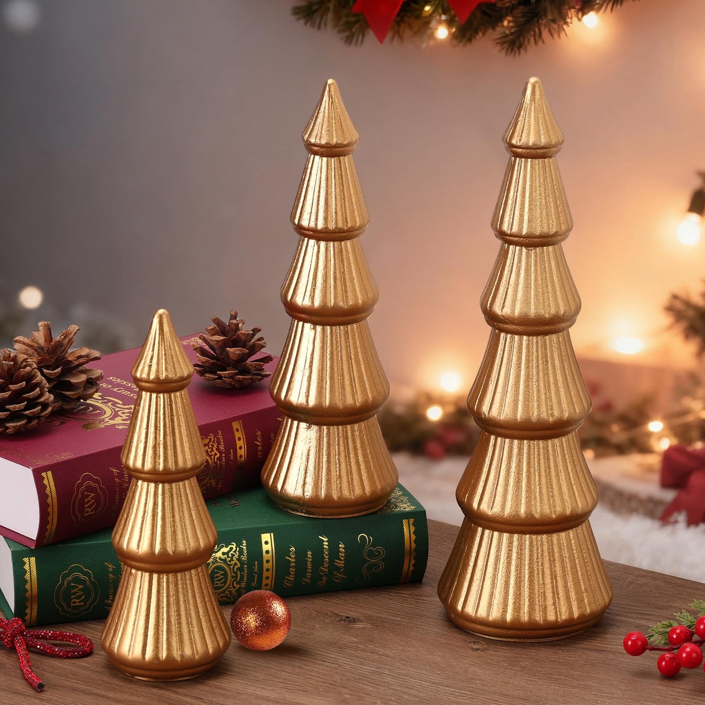 Wooden Christmas Tree Figurine, 3 Pcs Tabletop Xmas Tree, Christmas Centerpiece Decor for Home Entryway Mantel Shelf Table Fireplace Holiday (White-Wood) BST326H