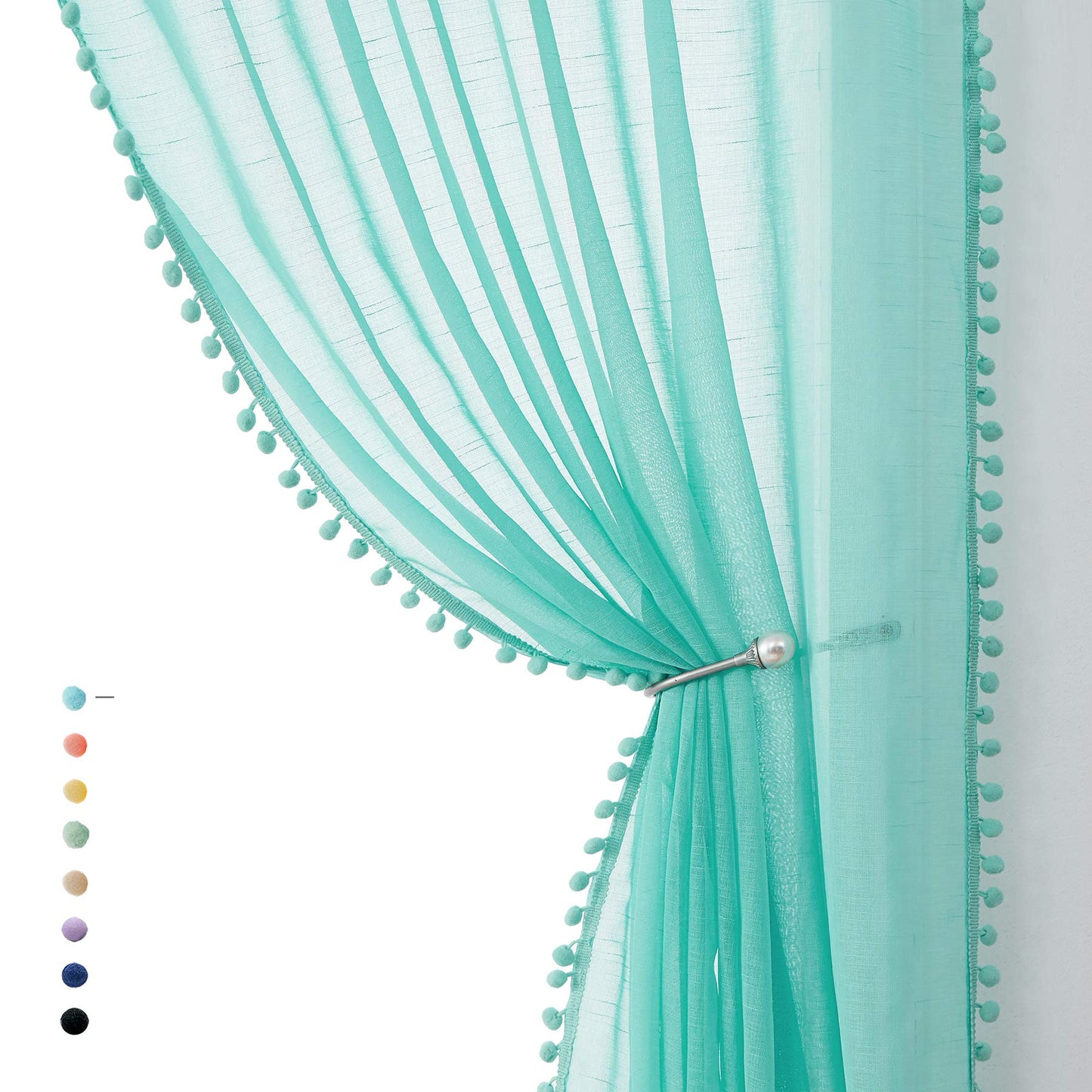 Treatmentex Pom-Pom Grey Sheer Curtains for Bedroom 63" Window Drapes Rod Pocket Textured Sheer Curtain for Kids Room 52" w 2 Panels BST202