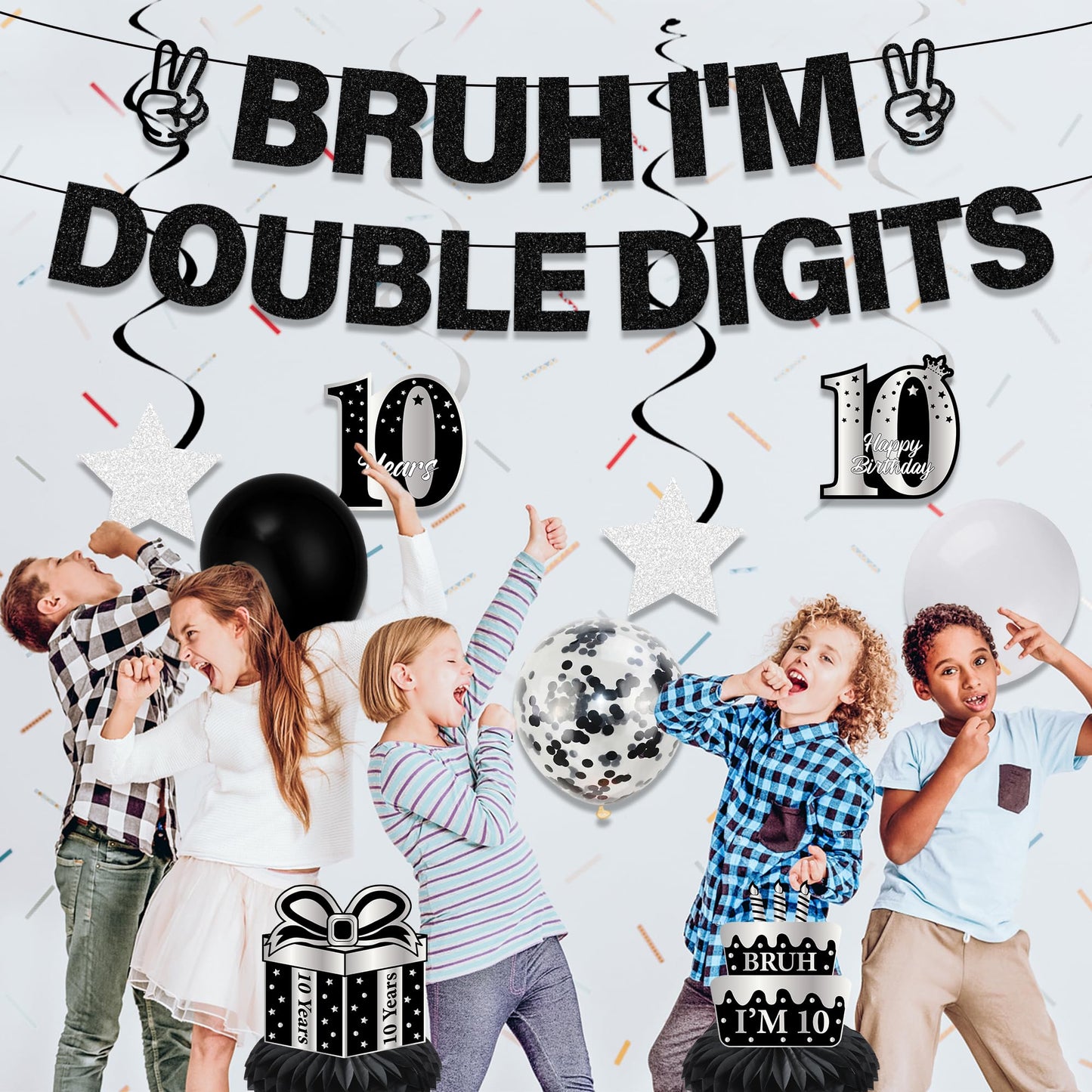 10th Birthday Decorations Banner Boys - 11 Pcs Silver Black Bruh I'M Double Digits Banners Hanging Swirls Honeycomb Table Decoration Latex Balloons For Boy 10 Year Old Bday Party Supplies BST220