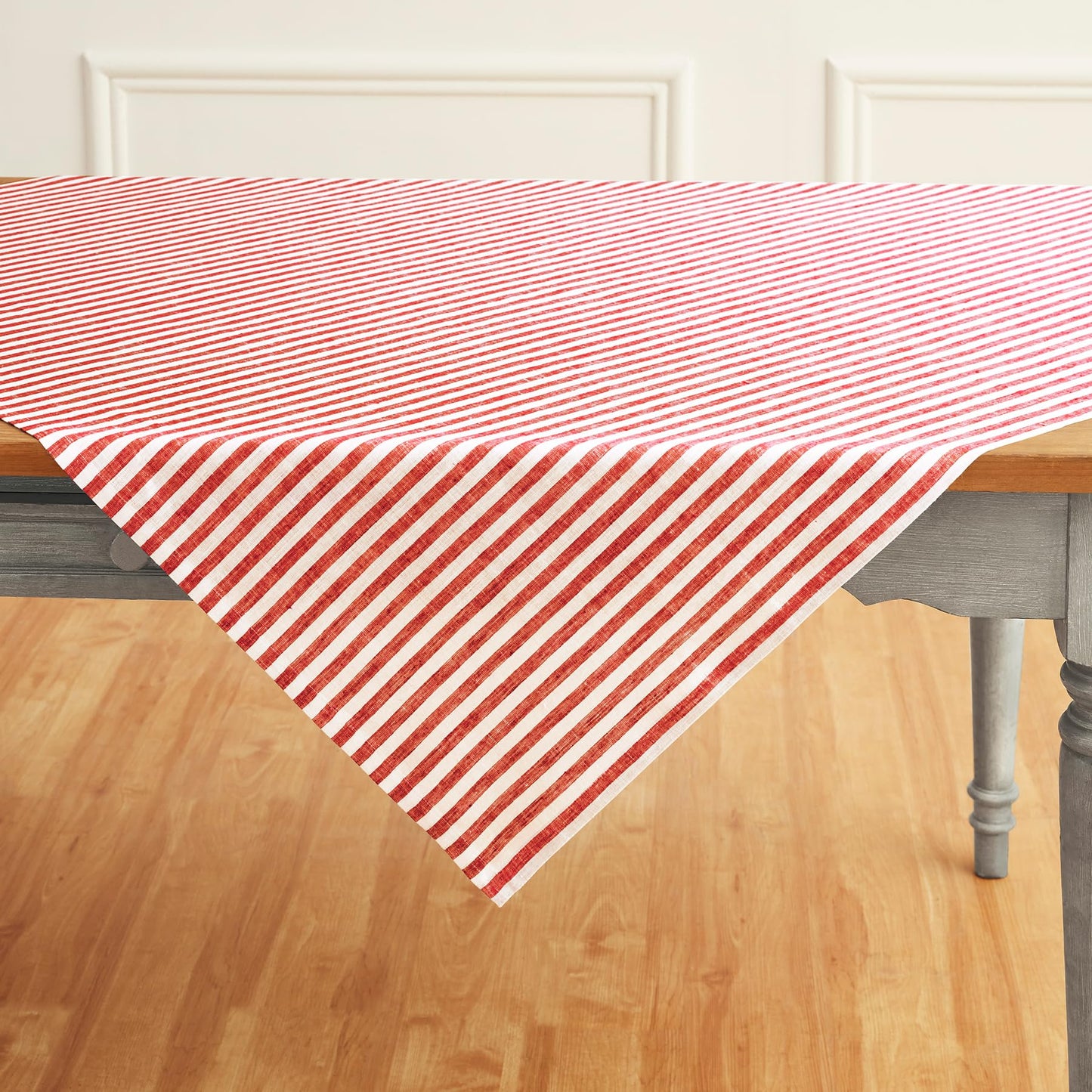 Solino Home 100% Linen Table Cloth, Throw, 52 x 52 in, Coral, Amalfi Stripe | Striped Linen Tablecloth a neat topper for bistro, card and side tables | Coral and White | Pure Linen | OEKO-TEX Certified BST326SOLH