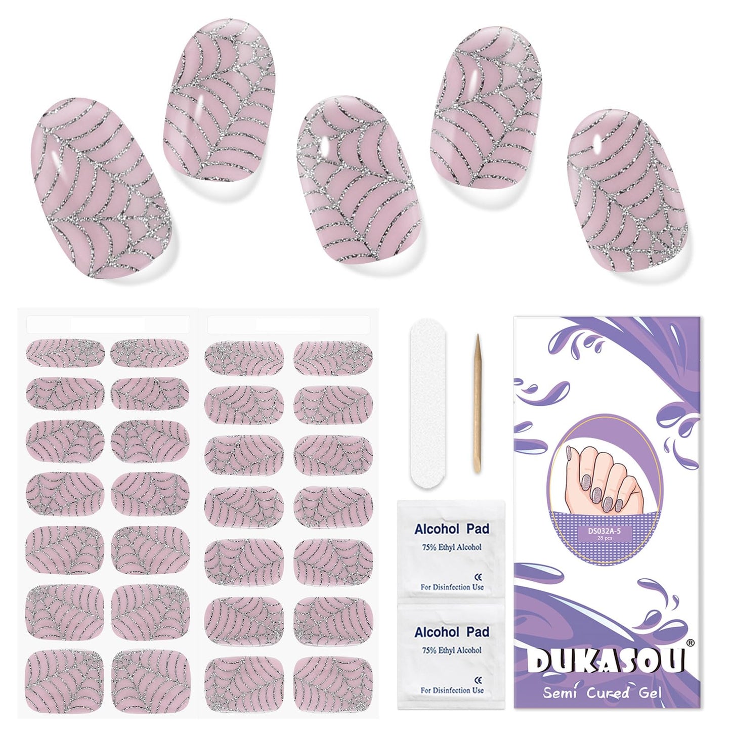 Semi Cured Gel Nail Strips, 56Pcs Nail Art Stickers/Wraps, Long Lasting UV Nail Polish Strips for Adults (Silver Rhinestones+French Tip Glitter) BST220