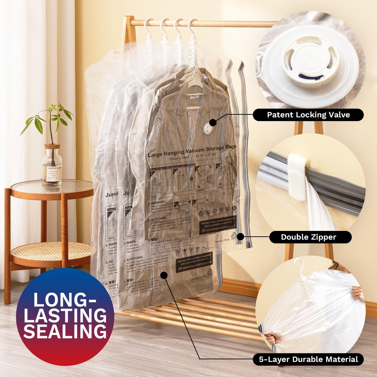 Hanging Vacuum Storage Bags, 6 Pack Hanging Storage Bags for Clothes With Electric Pump N27