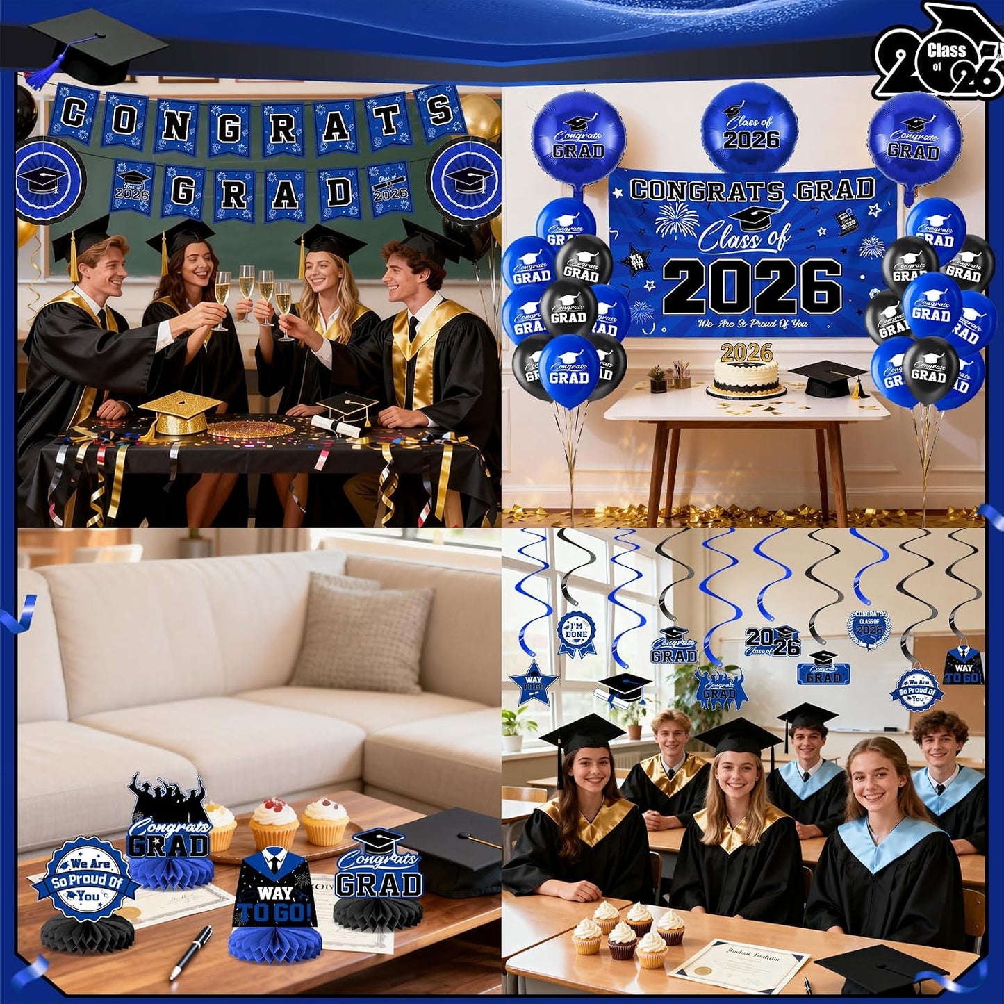Graduation Decorations 2026-Blue and Black Graduation Party Decorations Supplies Class of 2026 with Graduation Banner, Backdrop, Balloons, Centerpieces, Hanging Swirl for Grad Party BST326H