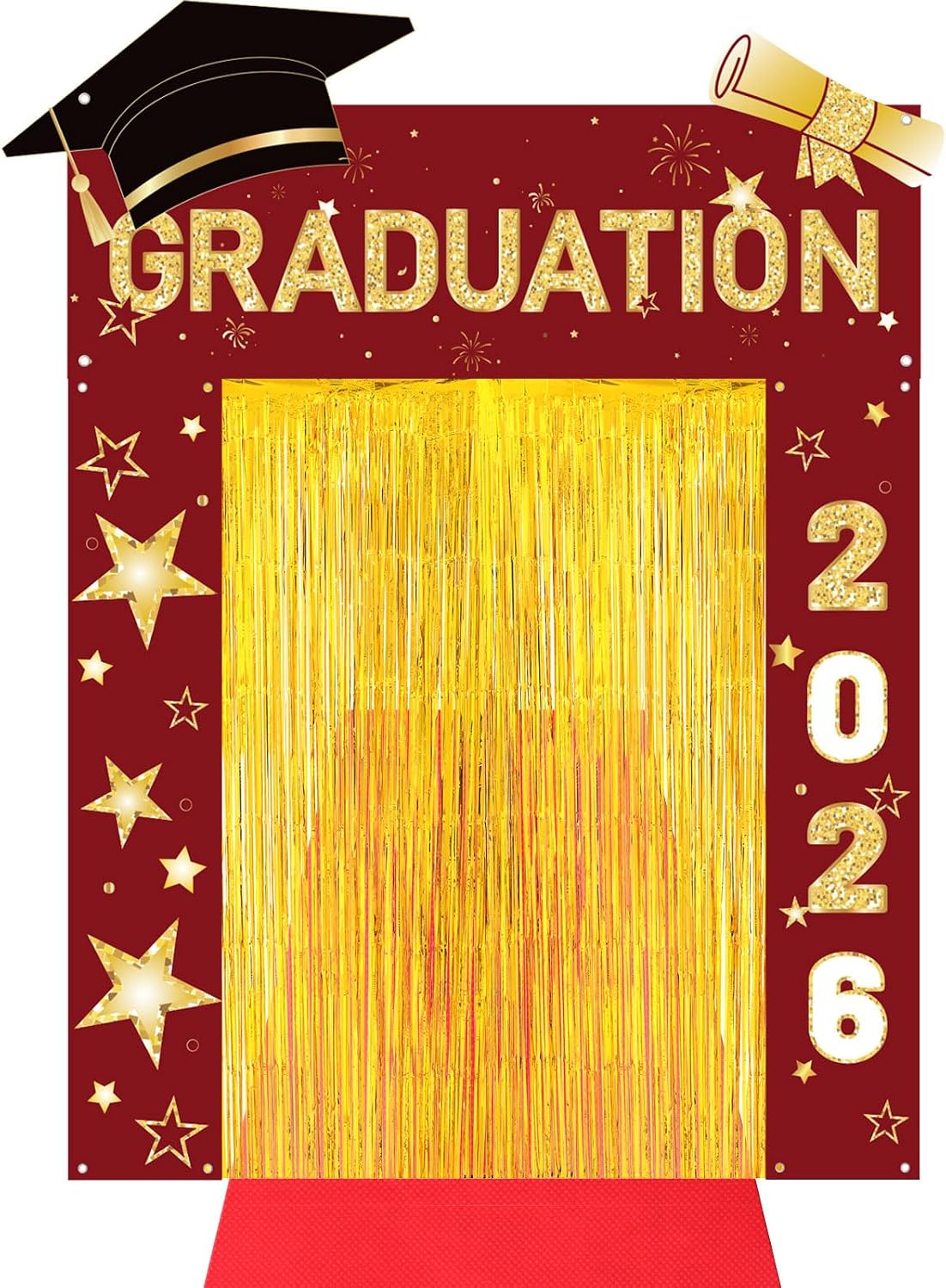 HunnmingRe 7 Pcs 2026 Graduation Party Decoration Include Class of 2026 Graduation Door Porch Banner, Gold Fringe Curtain, Red Carpet, Grad Photo Backdrop for College School(Red) BST202