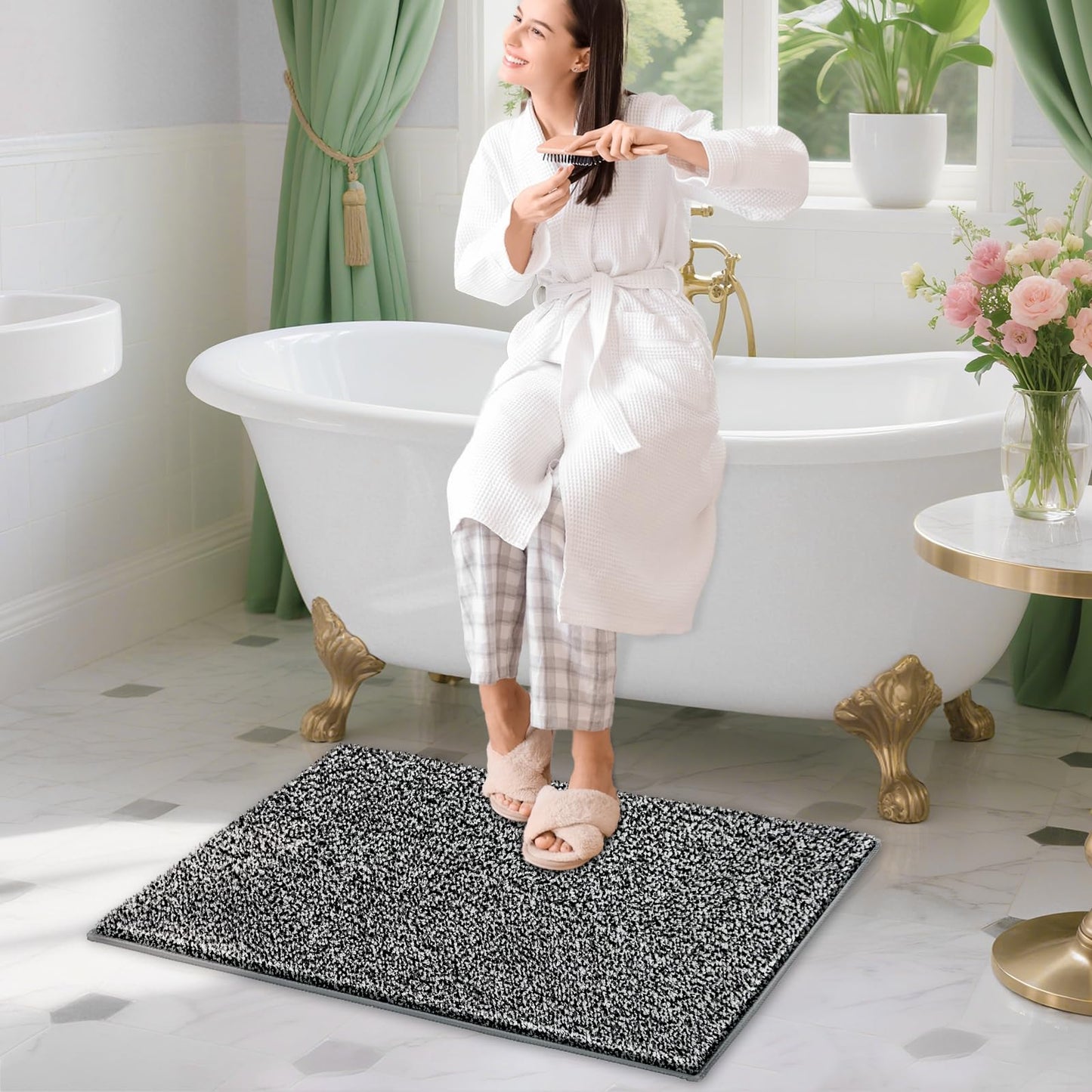 HDFK Bathroom Rugs | Non Slip Washable Bath Mats 24x16 Inches 2 Tone Soft Chenille Medium Pile TPR Floor Mat | High Absorbency Quick Dry Grey and White | Shower Rug for Wet Dry Zone BST220