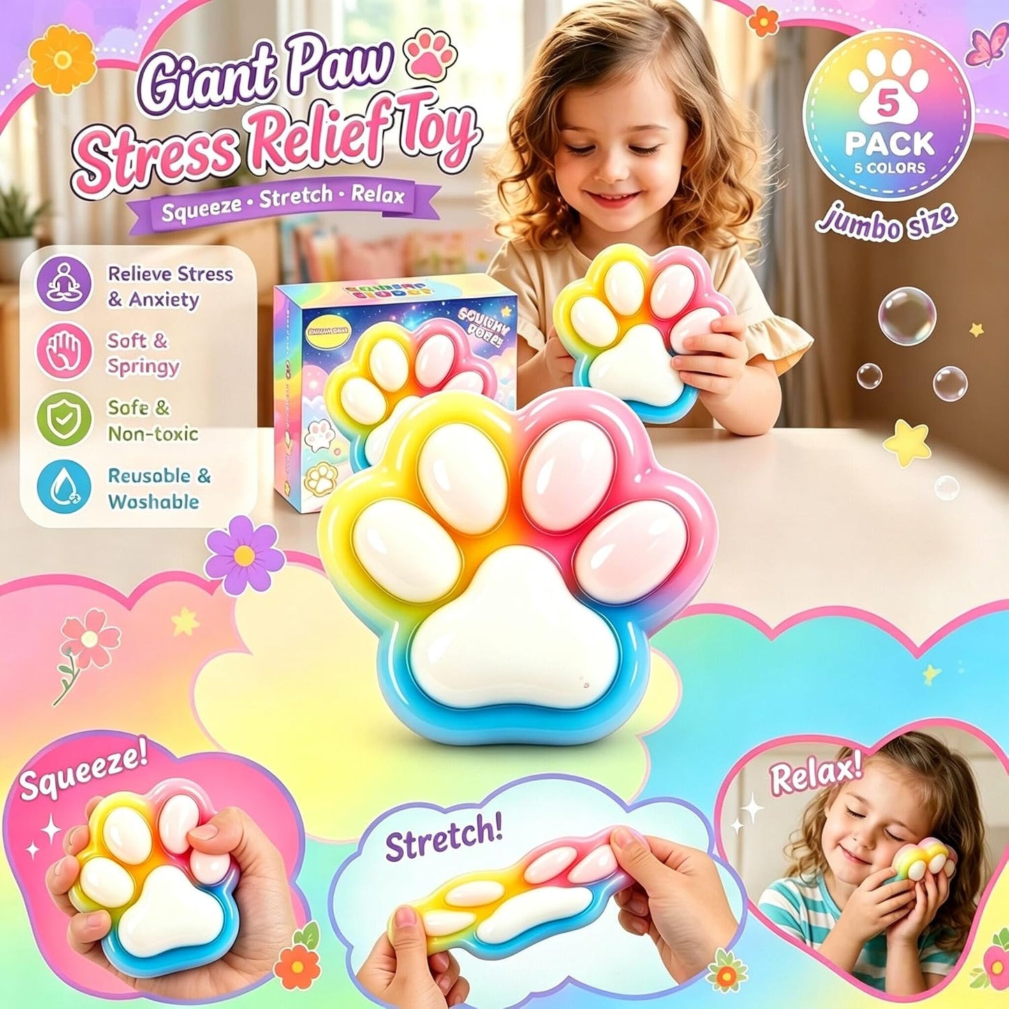 Giant Jumbo Cat Paw Squishy Toys ( 5 Inches )- Large Stress Relief Squeze Taba Fidget Toys Kit, Birthday Office for Girls Boys Kids Adults BST326H