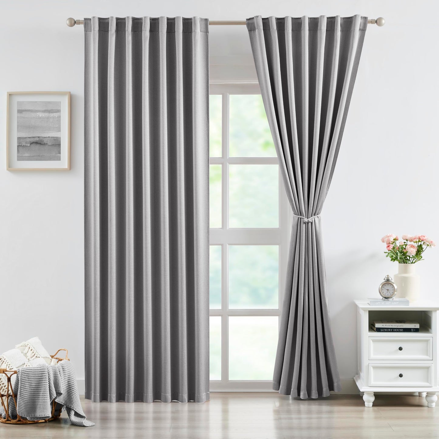 Bujasso Gray Jacquard Blackout Window Curtain Panels, 54" Wx84 Lx2 | Back Tab Rod Pocket with Magnetic Tiebacks,Thermal Insulated,85% Room Darkening Light Blocking Drapes for Bedroom Living Room BST326H