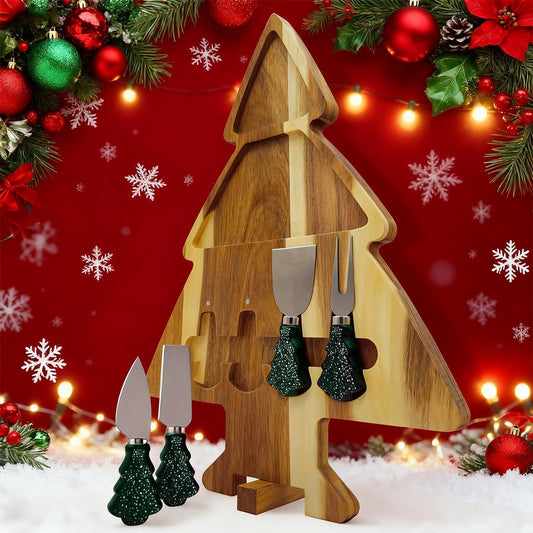 17.3'' Xmas Tree Charcuterie Board Set – Dual-Side Acacia Wood Serving Tray & Cutting Board with 4 Magnetic Knives, Rotating Base – Festive Cheese Platter for Christmas Snacks, Hostess Gift WN420
