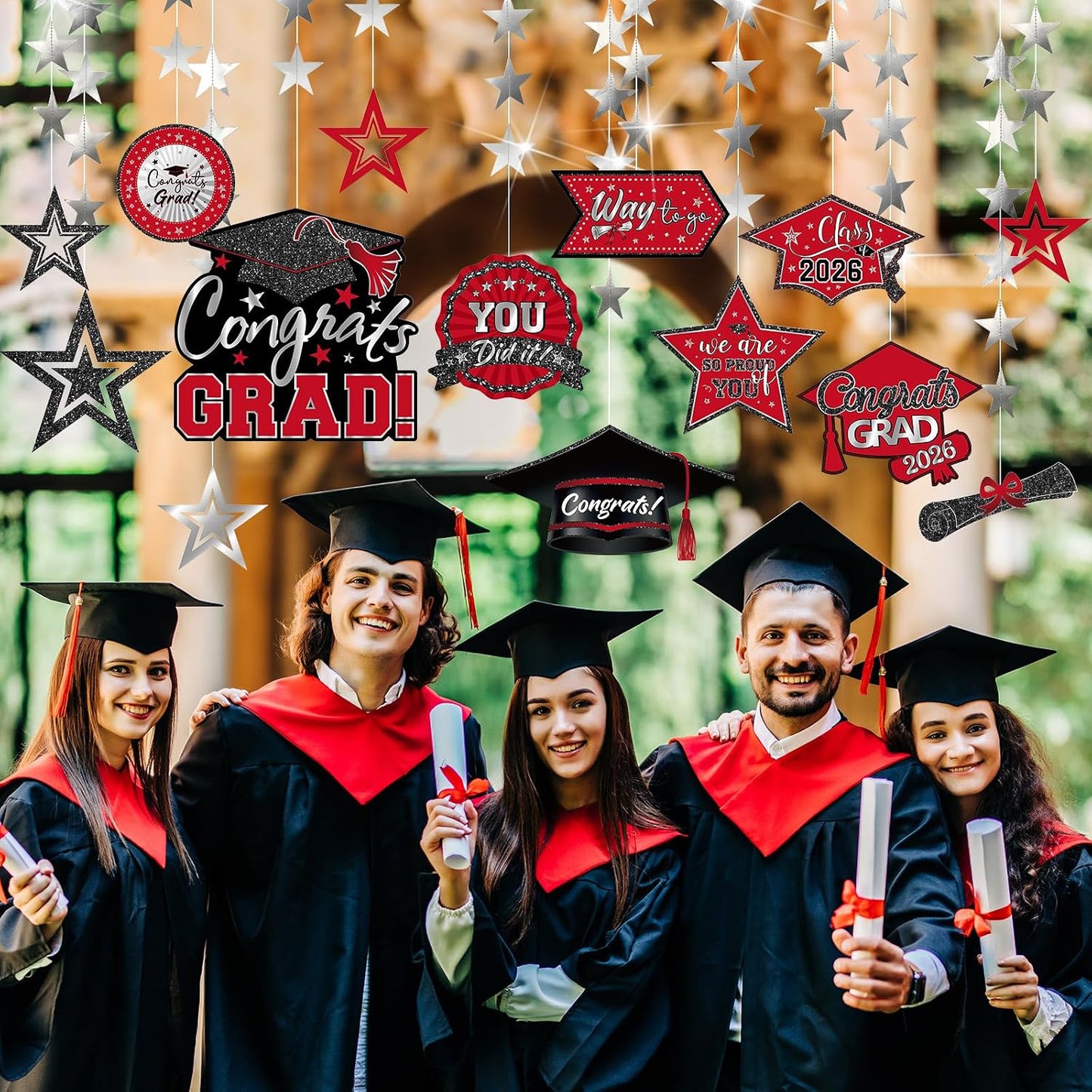 Yisong 14 Pcs Graduation Garland Class of 2026 Graduate Decoration Diploma Hat Star Congrats Garland Banner Congrats Grad Streamers Backdrop for Graduation Party Supplies College Grad Decor(Red) BST202